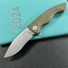 KUBEY KU208F Timberwolf Flipper Outdoor Folding Knife Green G-10 Handle 3.46" Stonewash 14C28N Blade