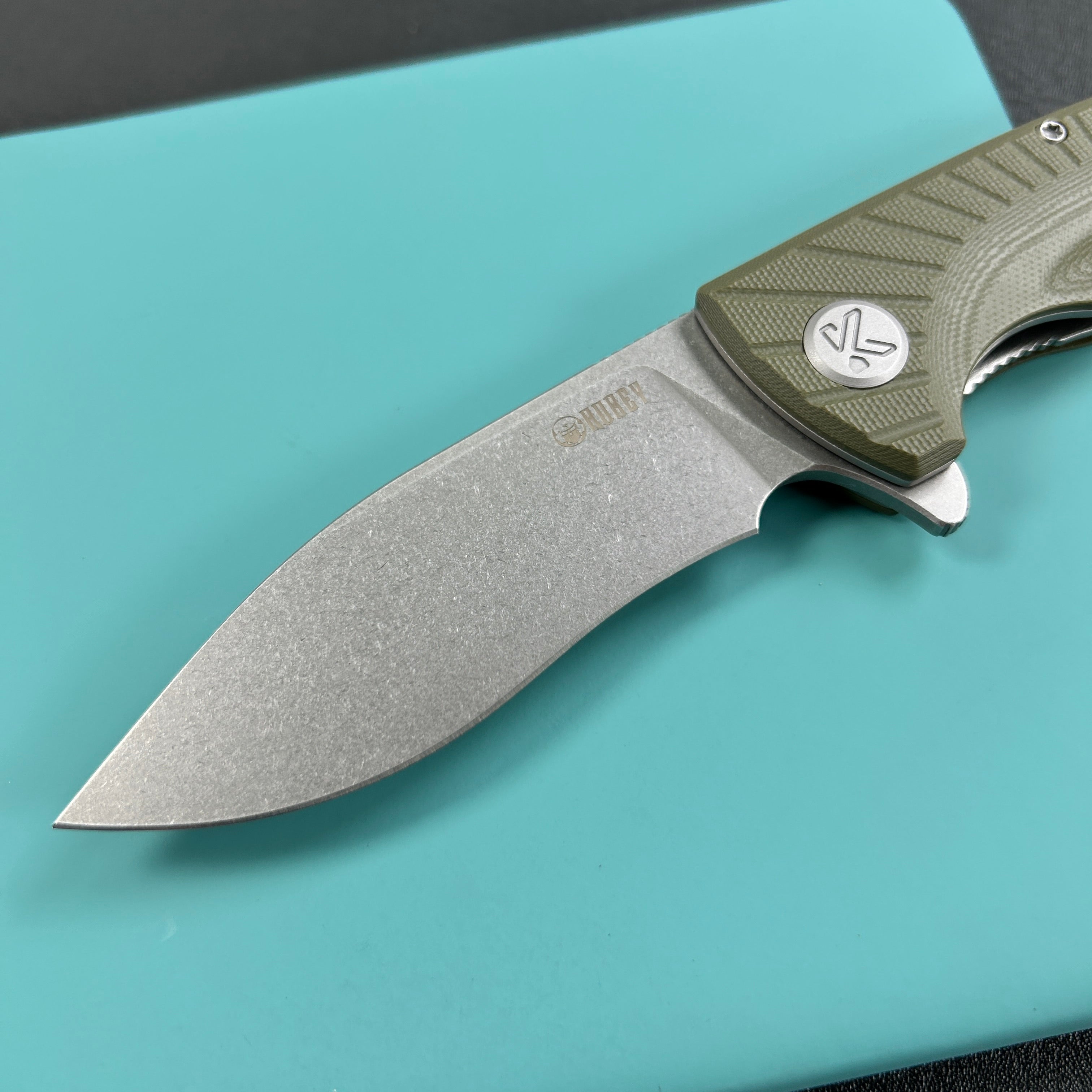 KUBEY KU208F Timberwolf Flipper Outdoor Folding Knife Green G-10 Handle 3.46" Stonewash 14C28N Blade