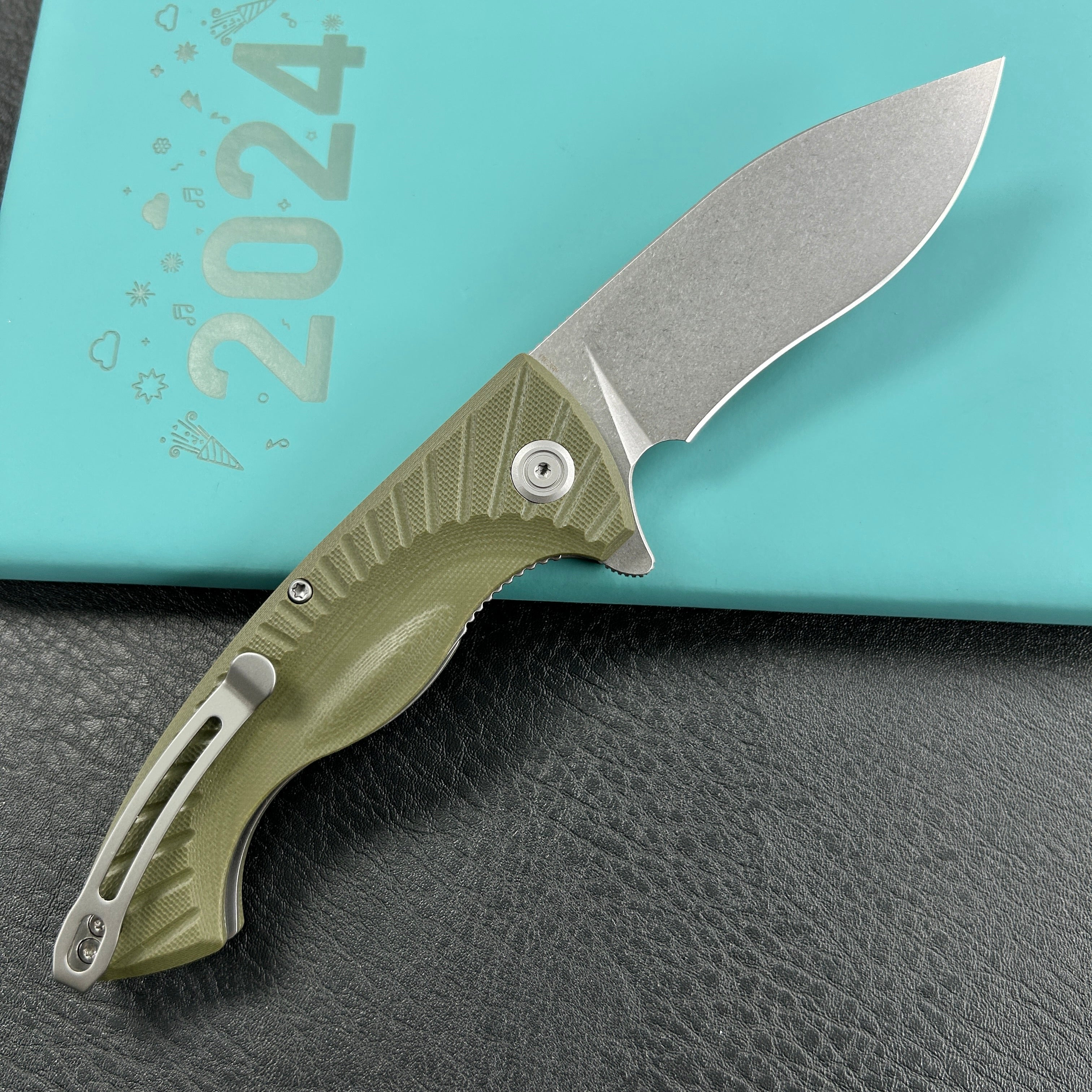 KUBEY KU208F Timberwolf Flipper Outdoor Folding Knife Green G-10 Handle 3.46" Stonewash 14C28N Blade