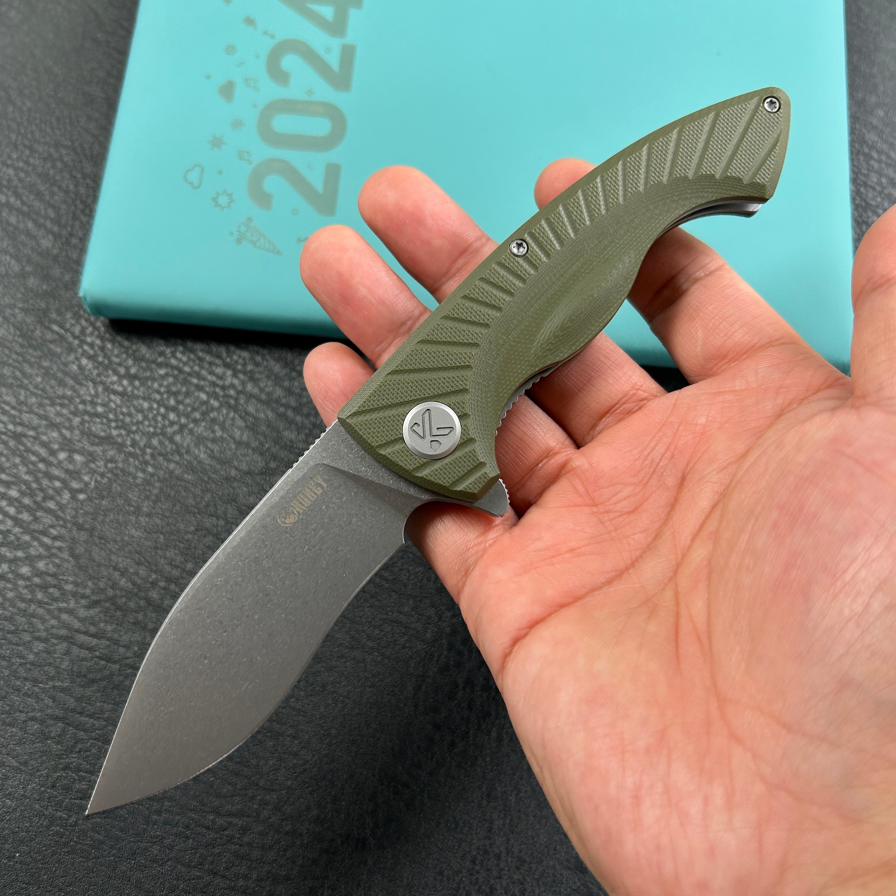 KUBEY KU208F Timberwolf Flipper Outdoor Folding Knife Green G-10 Handle 3.46" Stonewash 14C28N Blade