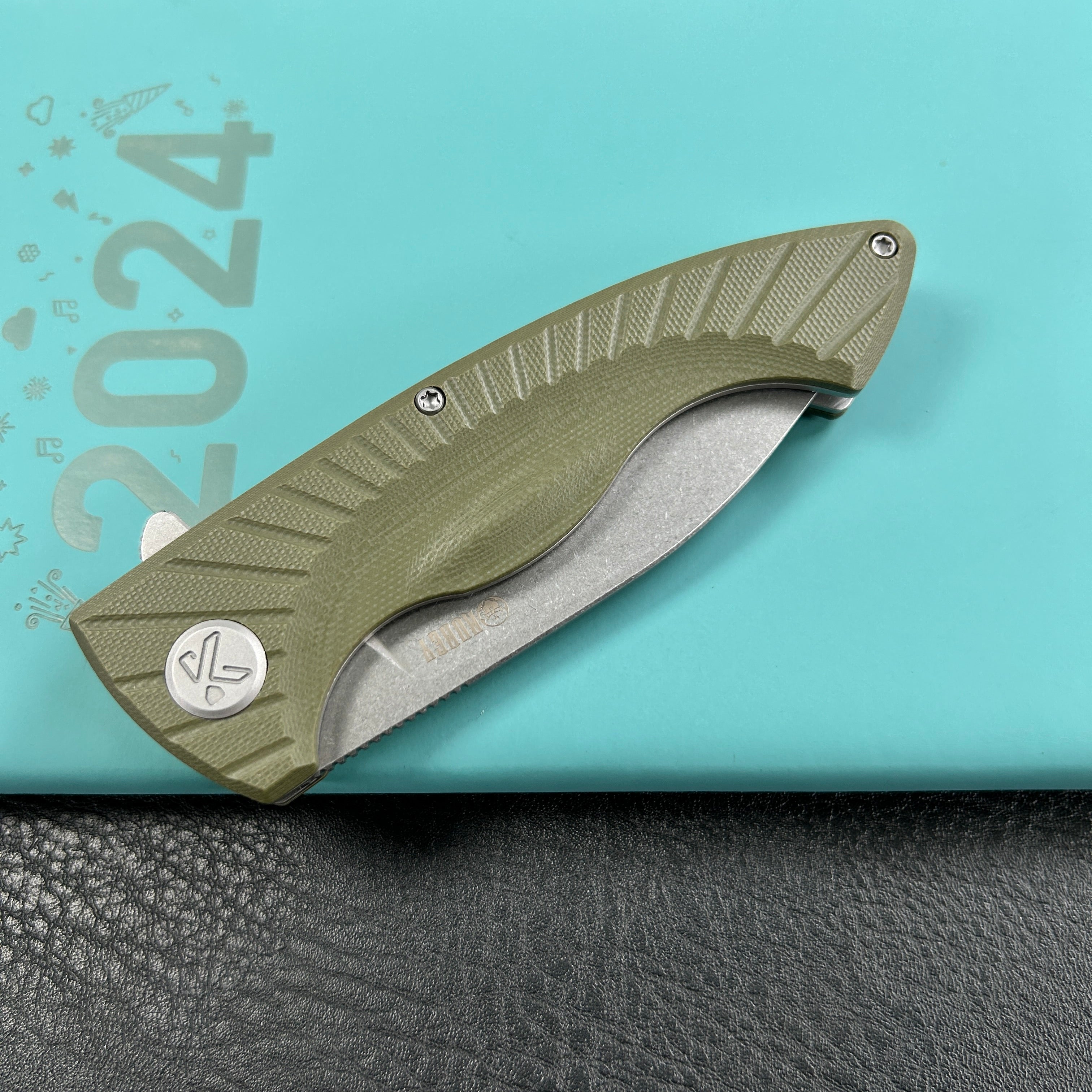 KUBEY KU208F Timberwolf Flipper Outdoor Folding Knife Green G-10 Handle 3.46" Stonewash 14C28N Blade