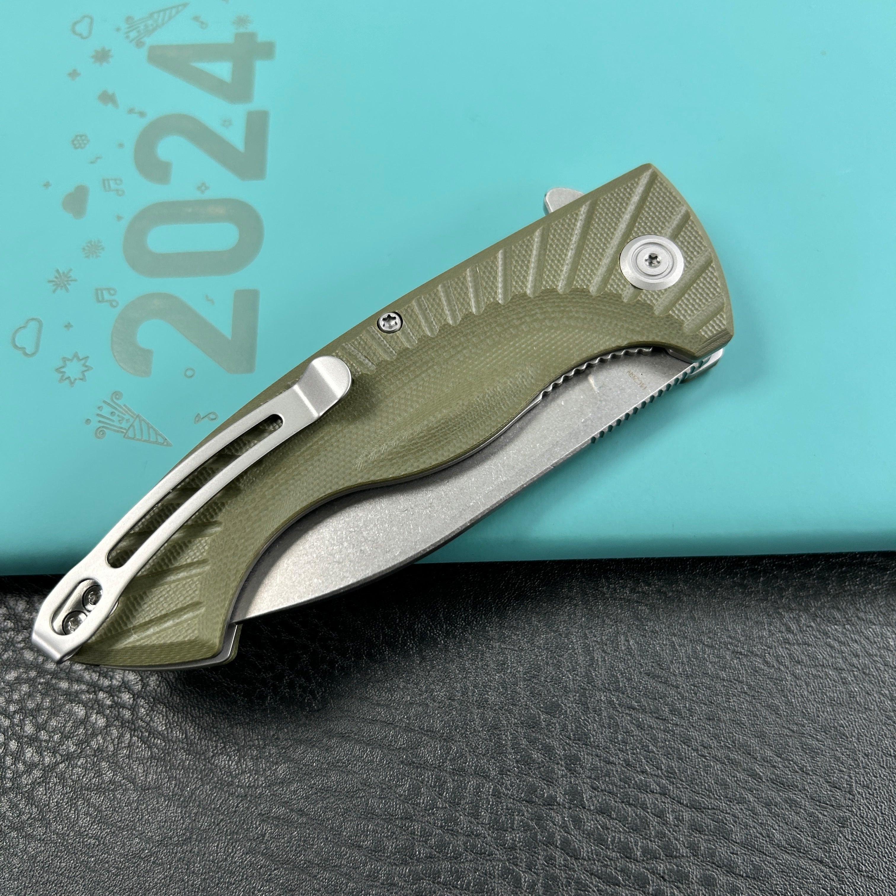 KUBEY KU208F Timberwolf Flipper Outdoor Folding Knife Green G-10 Handle 3.46" Stonewash 14C28N Blade