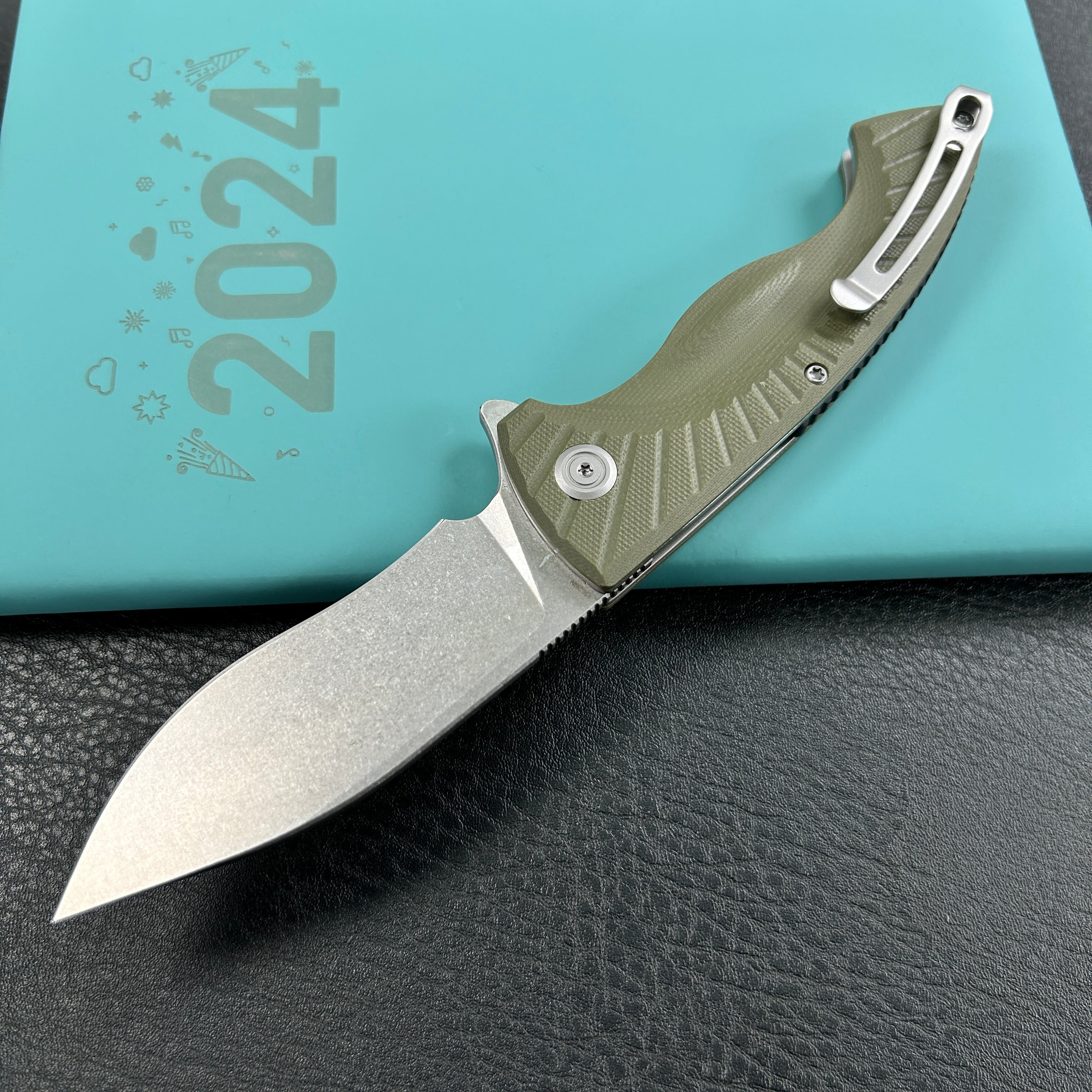 KUBEY KU208F Timberwolf Flipper Outdoor Folding Knife Green G-10 Handle 3.46" Stonewash 14C28N Blade