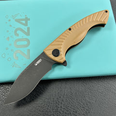 KUBEY KU208H Timberwolf Flipper Outdoor Folding Knife Tan G-10 Handle 3.46" Blackwash 14C28N Blade