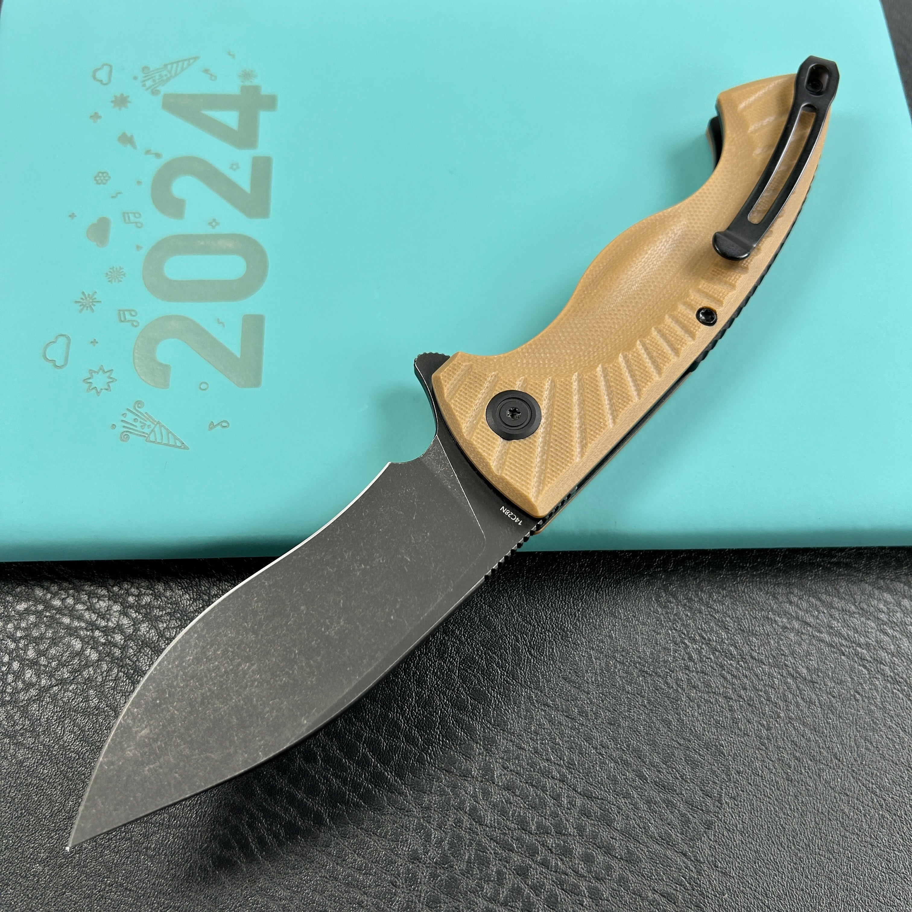 KUBEY KU208H Timberwolf Flipper Outdoor Folding Knife Tan G-10 Handle 3.46" Blackwash 14C28N Blade