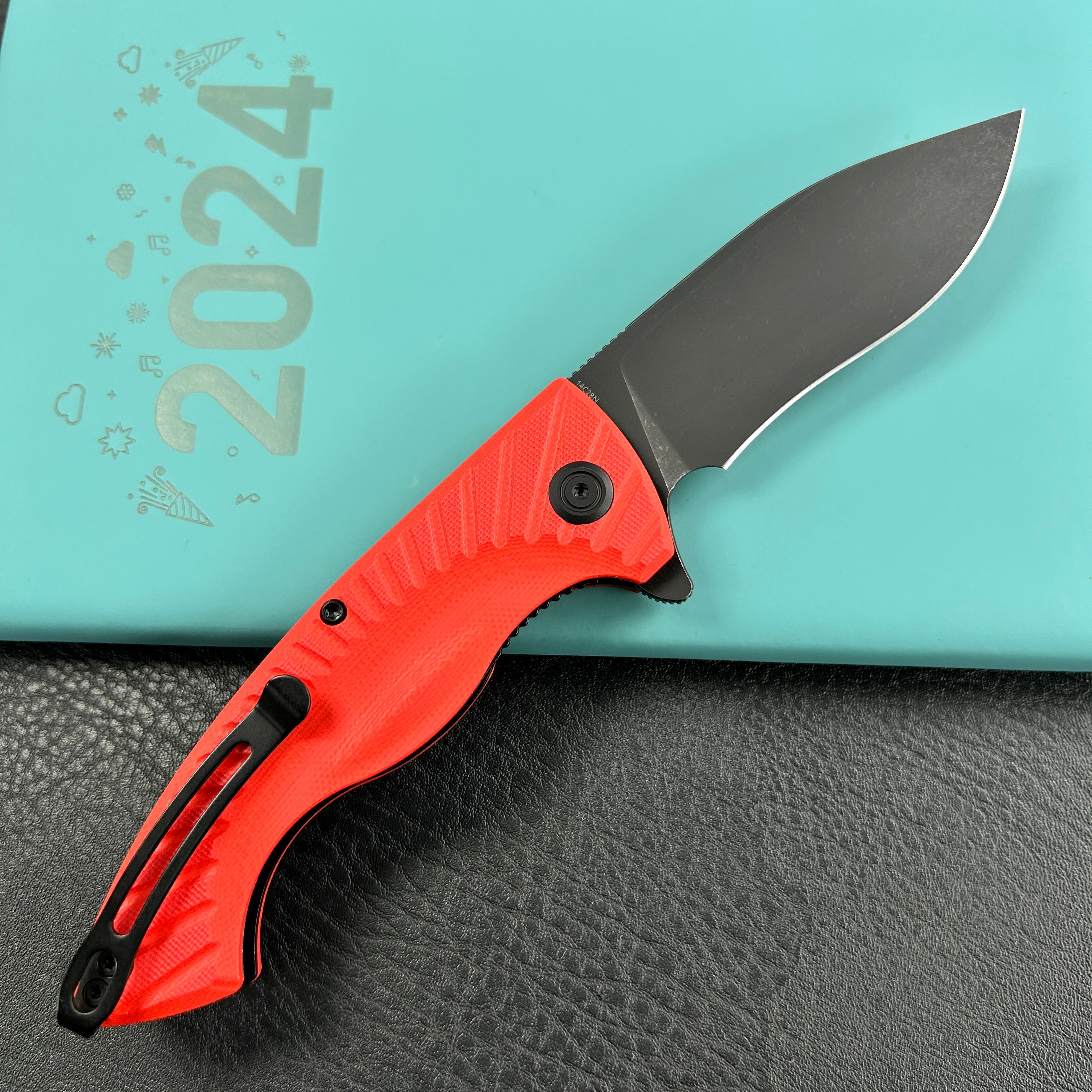 KUBEY KU208I Timberwolf Flipper Outdoor Folding Knife Red G-10 Handle 3.46" Blackwash 14C28N Blade