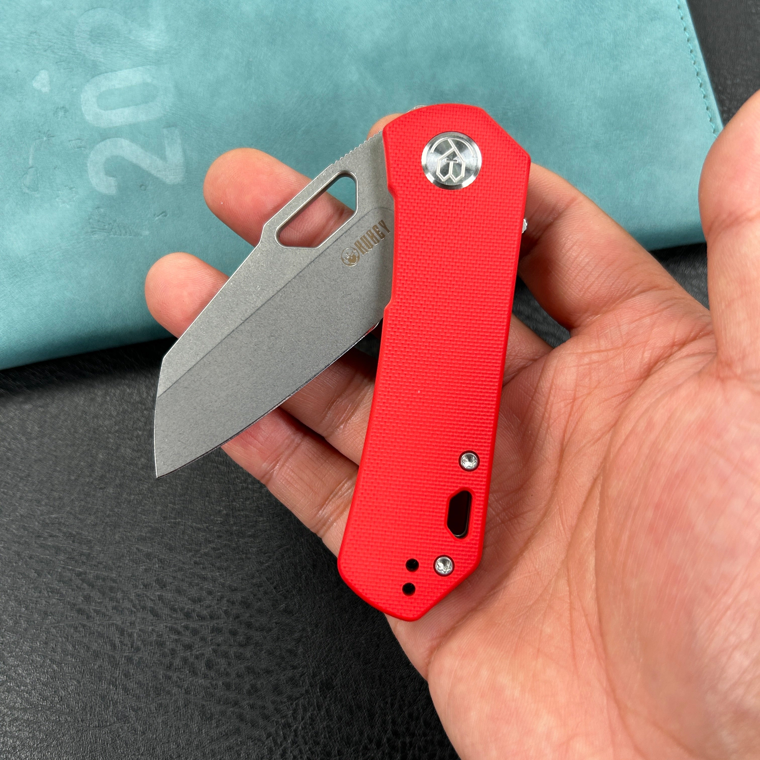 KUBEY KU332  Duroc Liner Lock Flipper Small Pocket Folding Knife Red Handle 2.91" Bead Blasted AUS-10