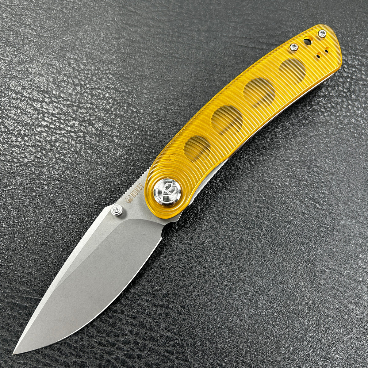 KUBEY KU344M Momentum Sherif Manganas Design Liner Lock Front Flipper / Dual Studs Open Folding Knife  Ultem Handle  3.43" Bead Blasted AUS-10