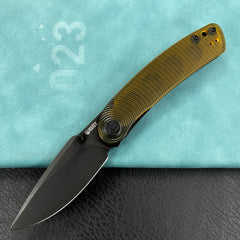 KUBEY KU344N Momentum Sherif Manganas Design Liner Lock Front Flipper / Dual Studs Open Folding Knife Ultem Handle 3.43" Darkwashed AUS-10