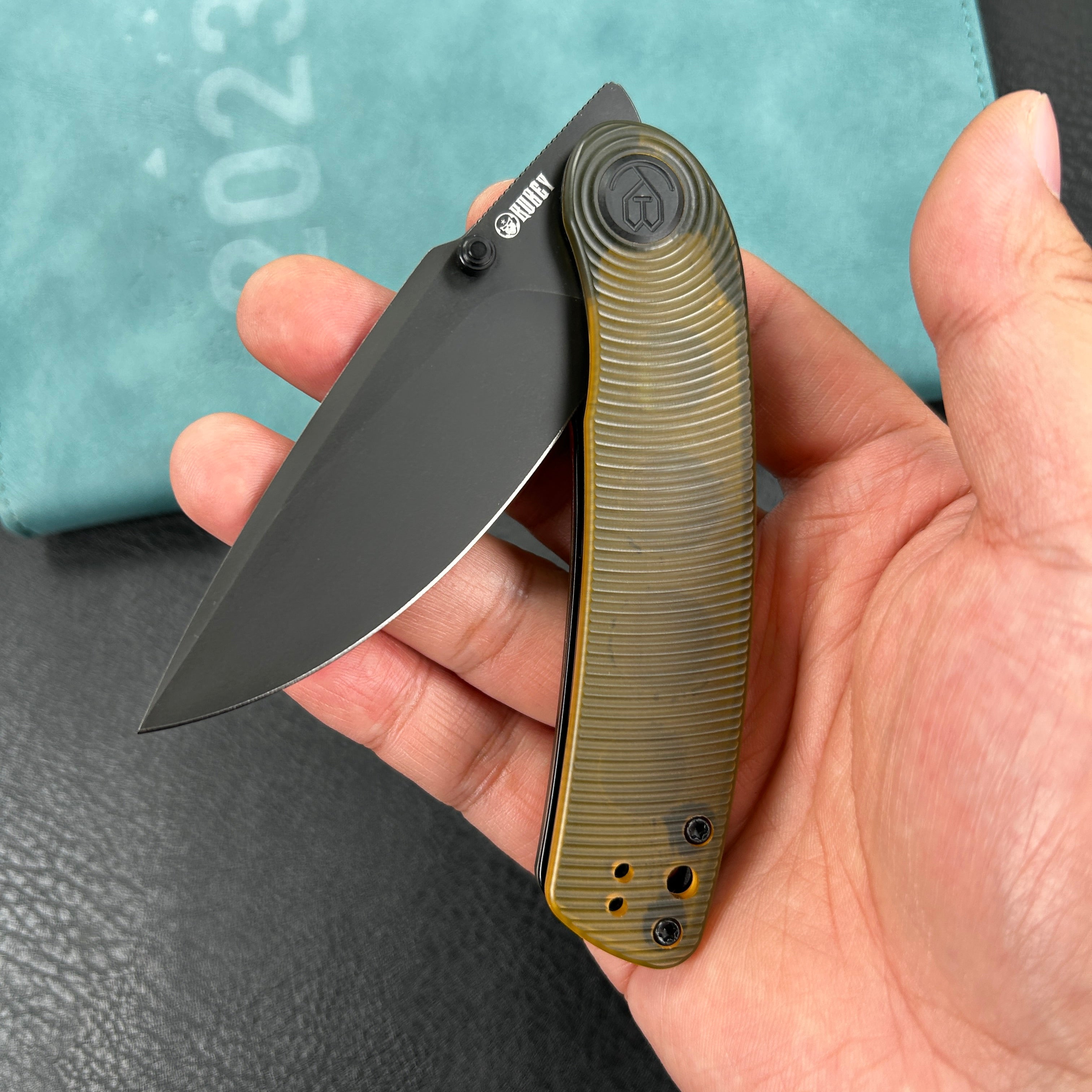 KUBEY KU344N Momentum Sherif Manganas Design Liner Lock Front Flipper / Dual Studs Open Folding Knife Ultem Handle 3.43" Darkwashed AUS-10