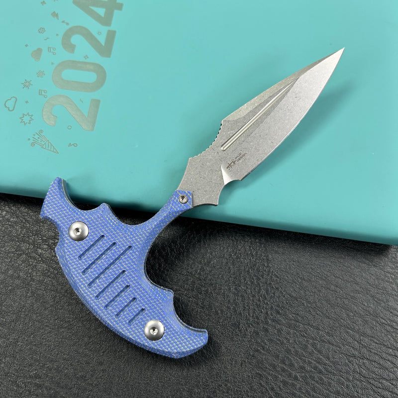 KUBEY KU242D Push Dagger Fixed Blade Outdoor Knives w/ Kydex Sheath Blue Micarta Beadblast 14C28N