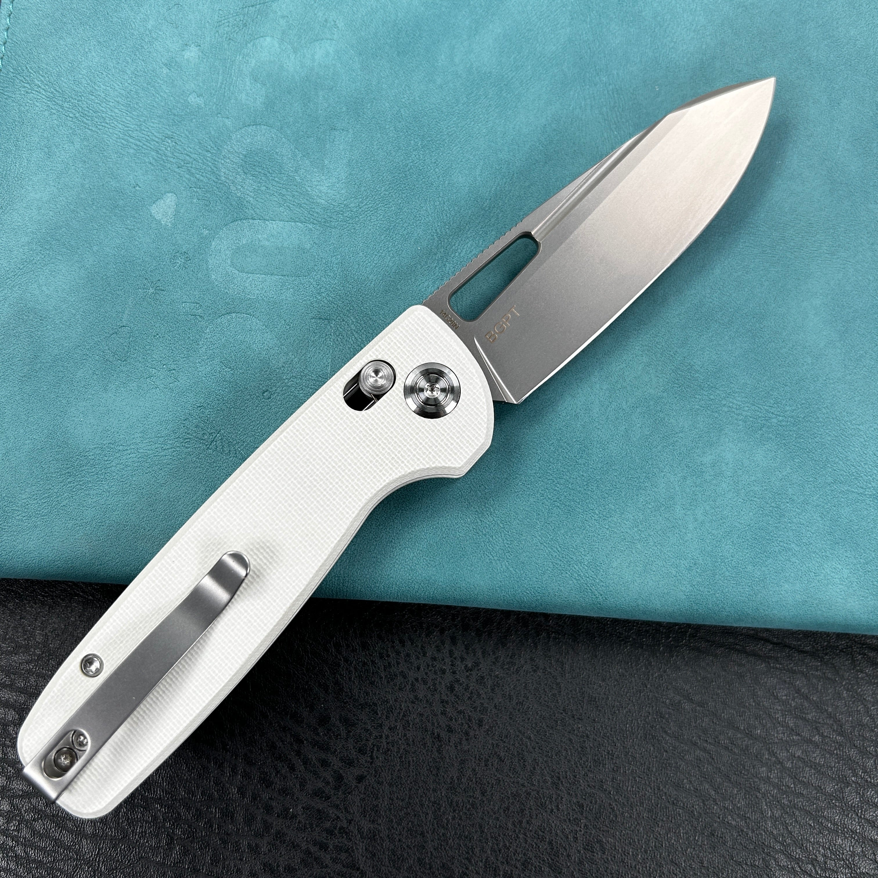 KUBEY KU248C Bluff Axis lock Folding Knife White G10 Handle Sandblast 14C28N