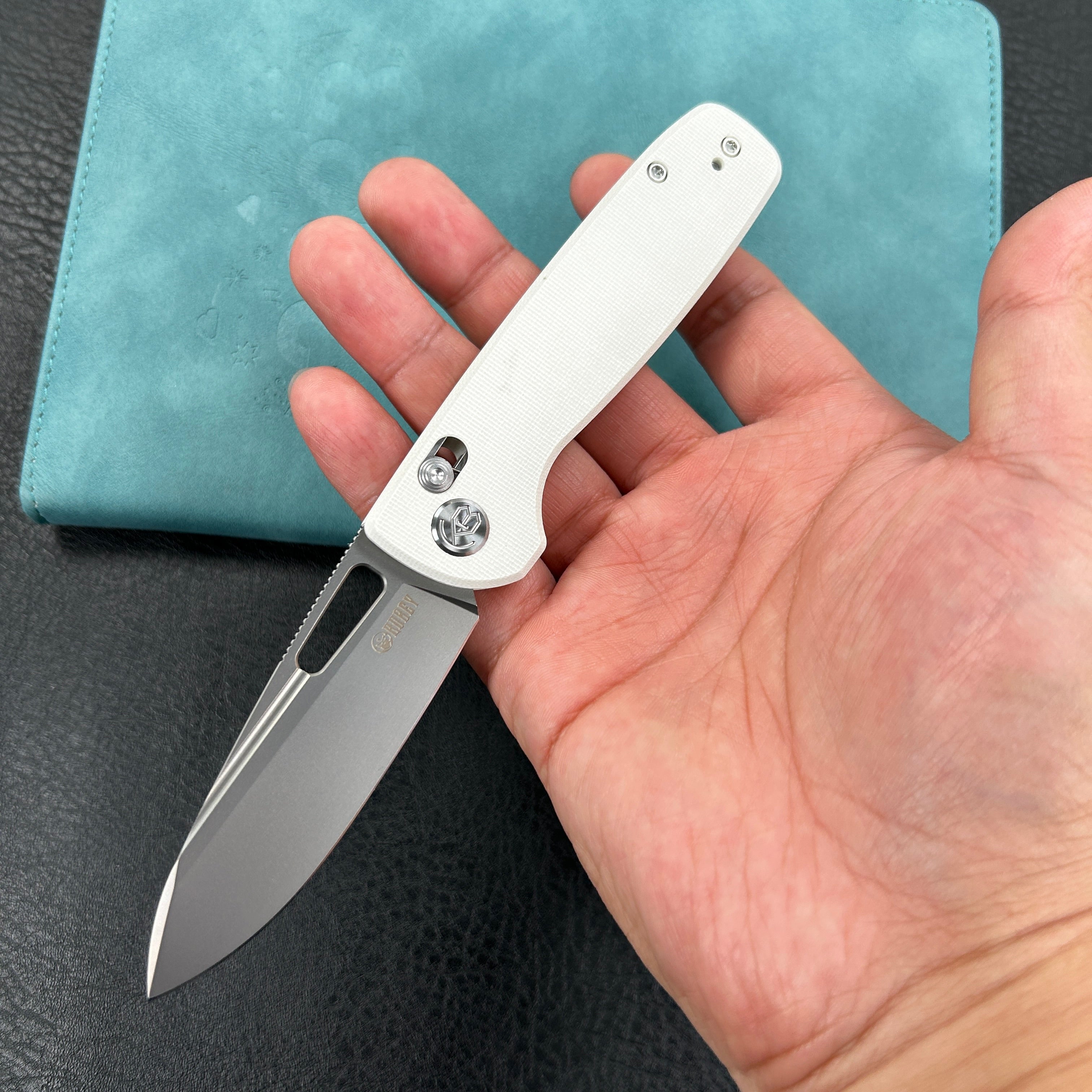 KUBEY KU248C Bluff Axis lock Folding Knife White G10 Handle Sandblast 14C28N