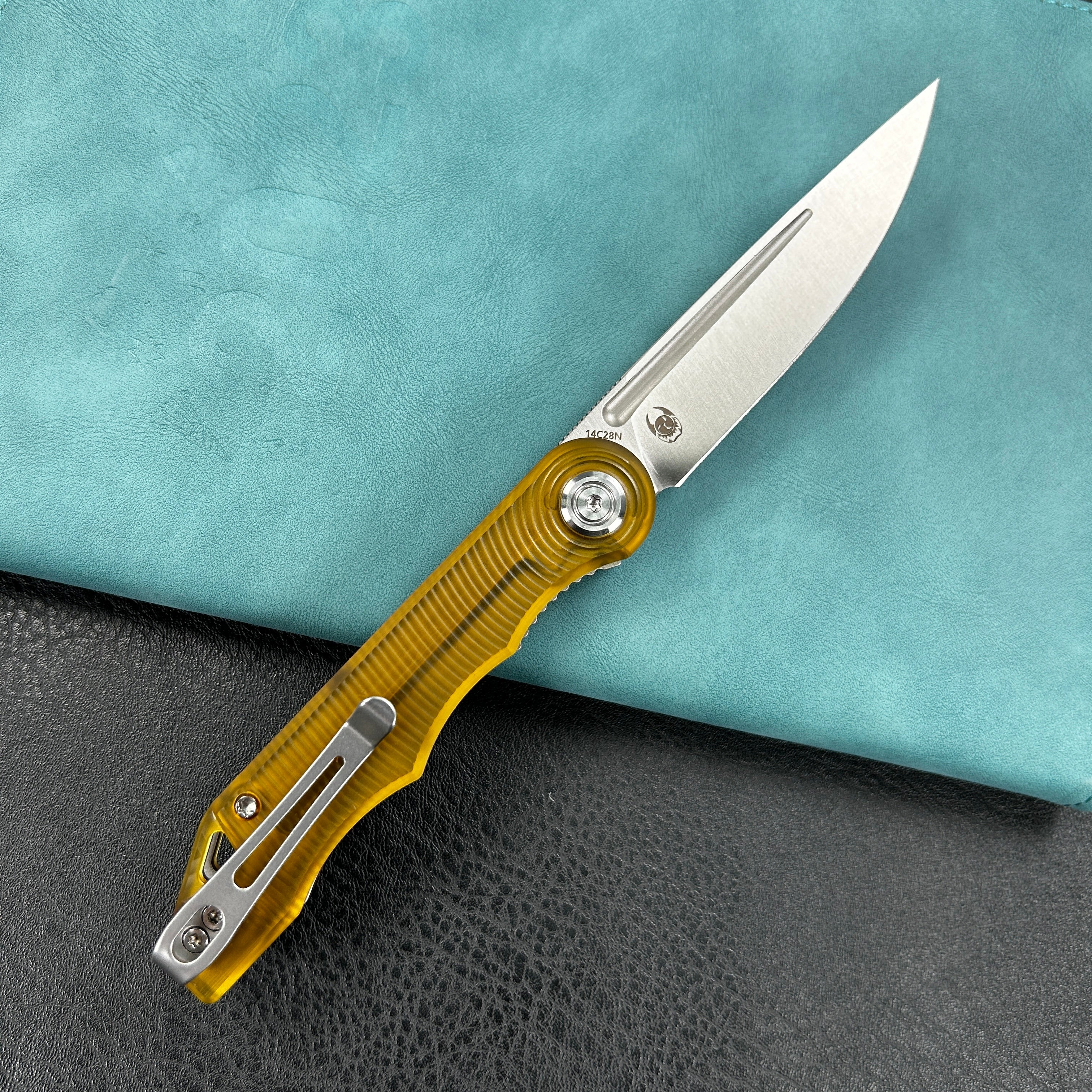 KUBEY KU2101G  Mizo Liner Lock Front Flipper Folding Knife Ultem  Handle 3.15" Satin 14C28N