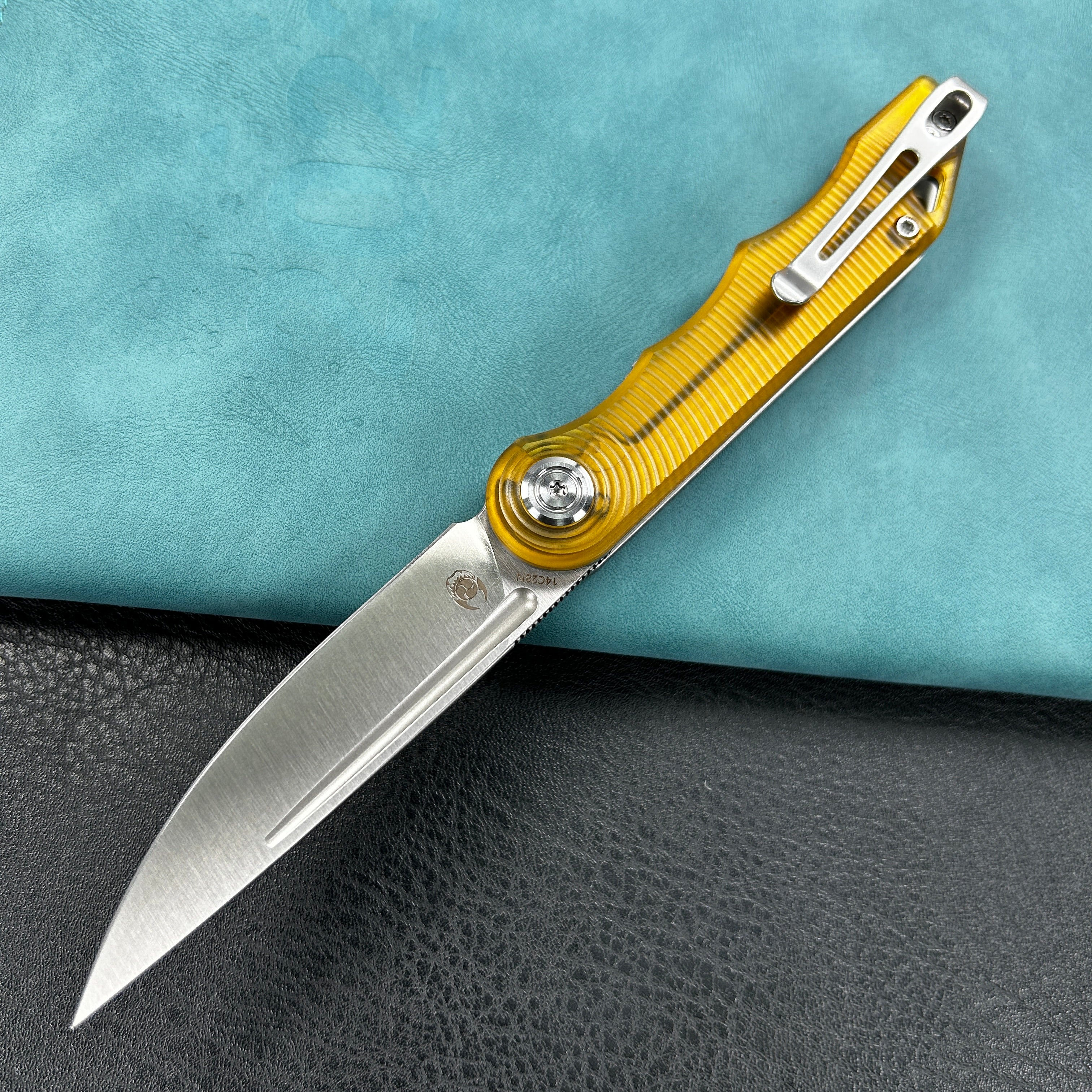 KUBEY KU2101G  Mizo Liner Lock Front Flipper Folding Knife Ultem  Handle 3.15" Satin 14C28N