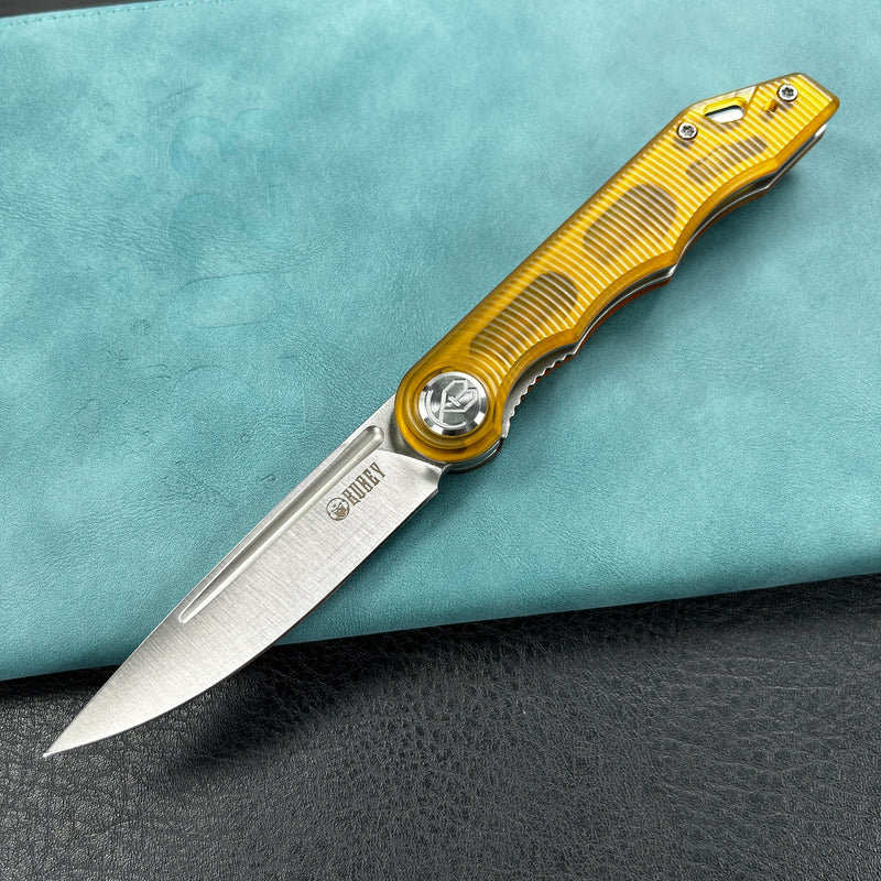 KUBEY KU2101G  Mizo Liner Lock Front Flipper Folding Knife Ultem  Handle 3.15" Satin 14C28N