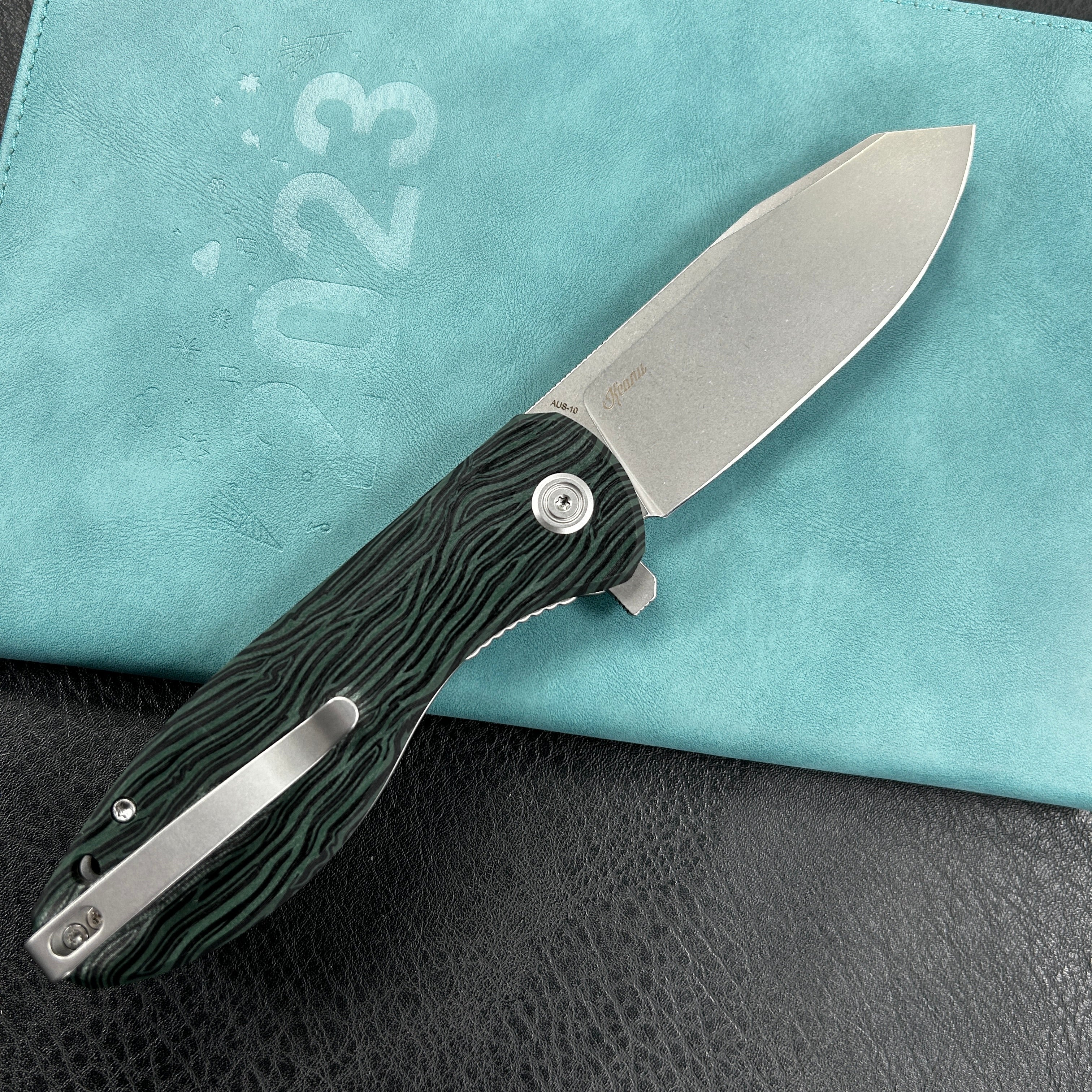 KUBEY KU358  Master Chief Outdoor Folding Pocket Knife Green and black Damascus G10 Handle 3.43" Beadblast AUS-10