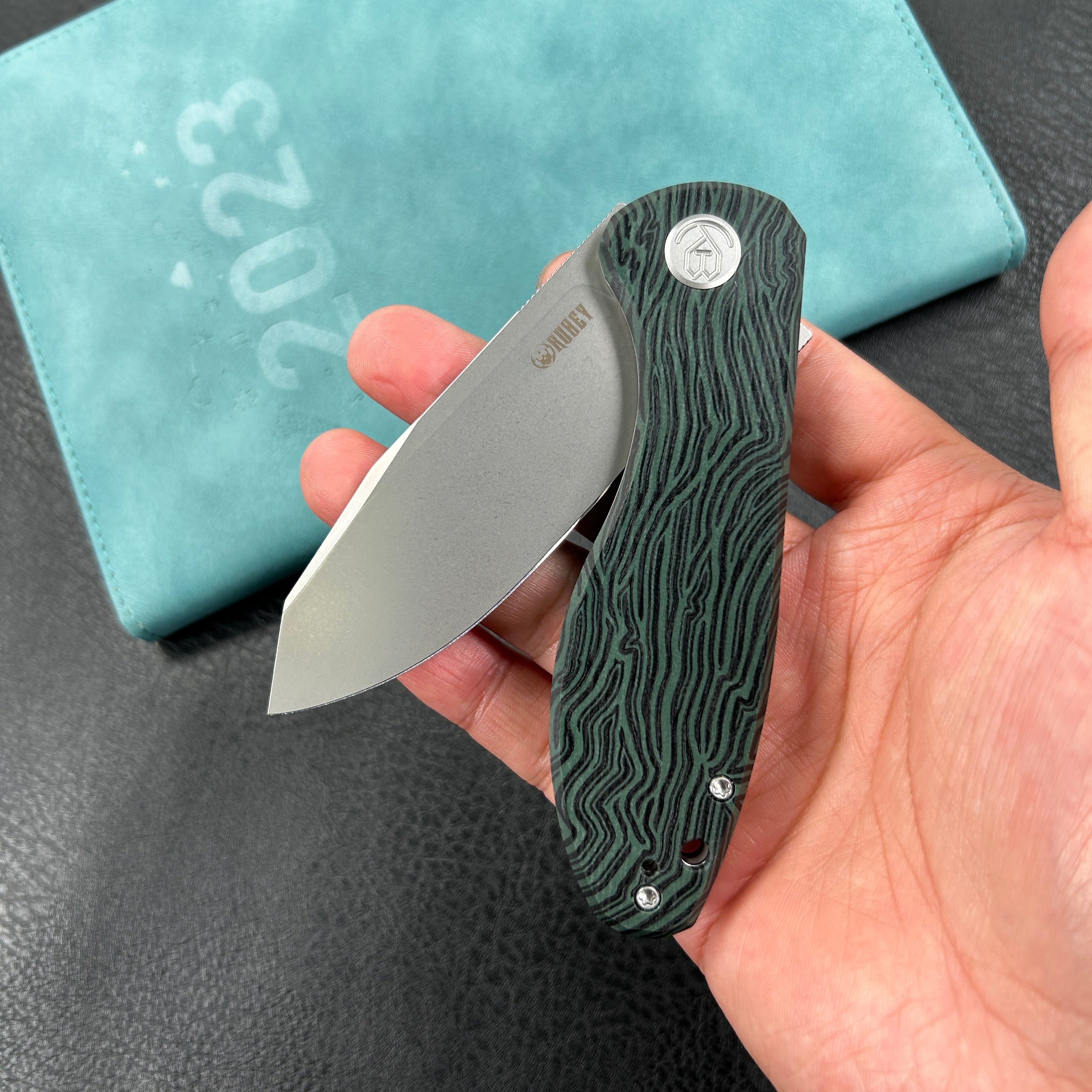 KUBEY KU358  Master Chief Outdoor Folding Pocket Knife Green and black Damascus G10 Handle 3.43" Beadblast AUS-10