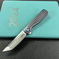 KUBEY KB244B Musō Flipper Everyday Carry Knife Blue Titanium Handle 2.95" Tanto Belt Satin M390 Blade