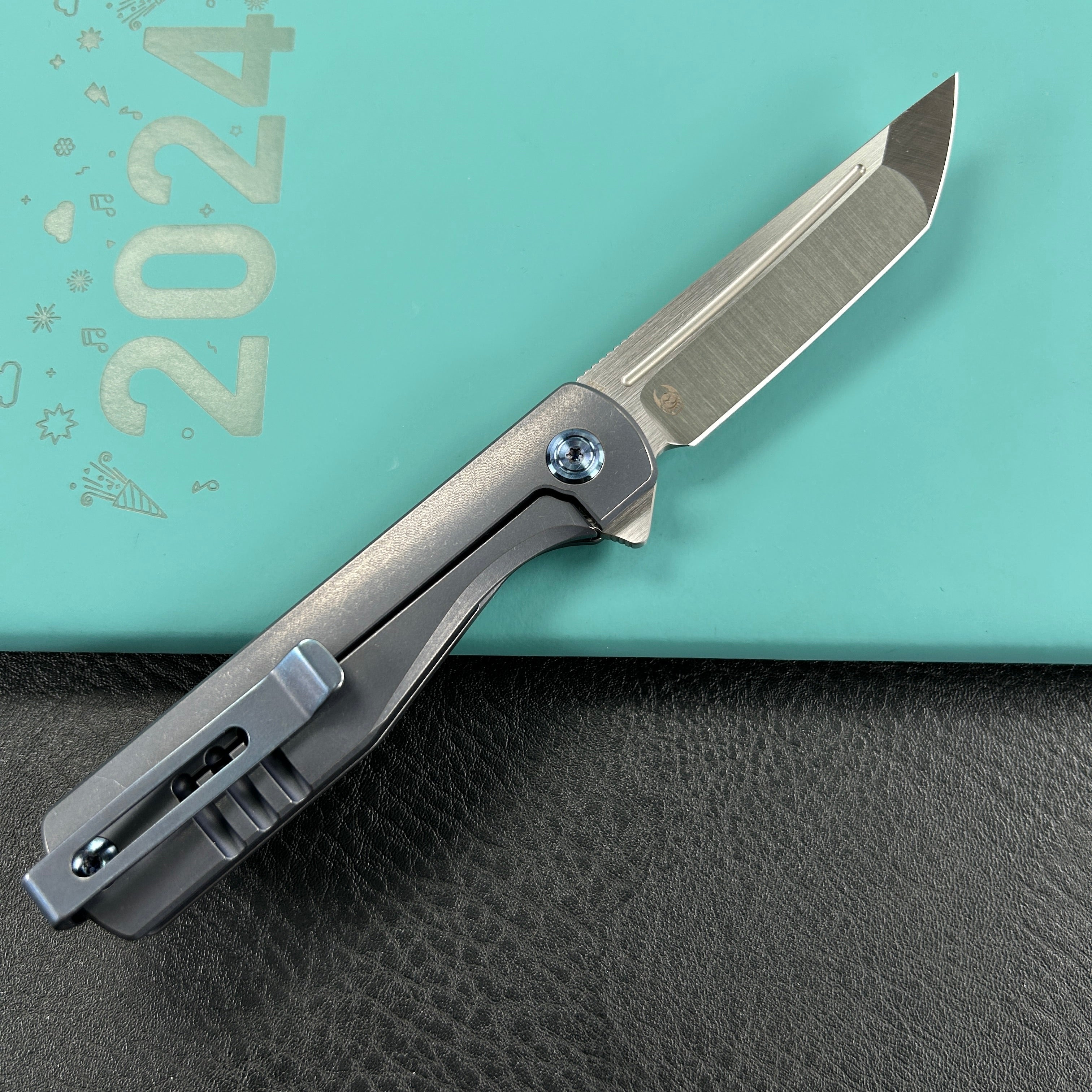 KUBEY KB244B Musō Flipper Everyday Carry Knife Blue Titanium Handle 2.95" Tanto Belt Satin M390 Blade