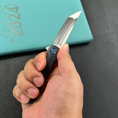 KUBEY KB244B Musō Flipper Everyday Carry Knife Blue Titanium Handle 2.95" Tanto Belt Satin M390 Blade