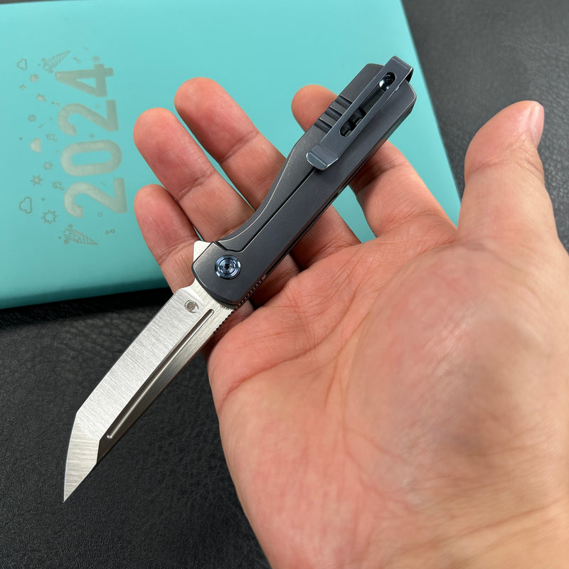 KUBEY KB244B Musō Flipper Everyday Carry Knife Blue Titanium Handle 2.95" Tanto Belt Satin M390 Blade