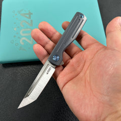 KUBEY KB244B Musō Flipper Everyday Carry Knife Blue Titanium Handle 2.95" Tanto Belt Satin M390 Blade