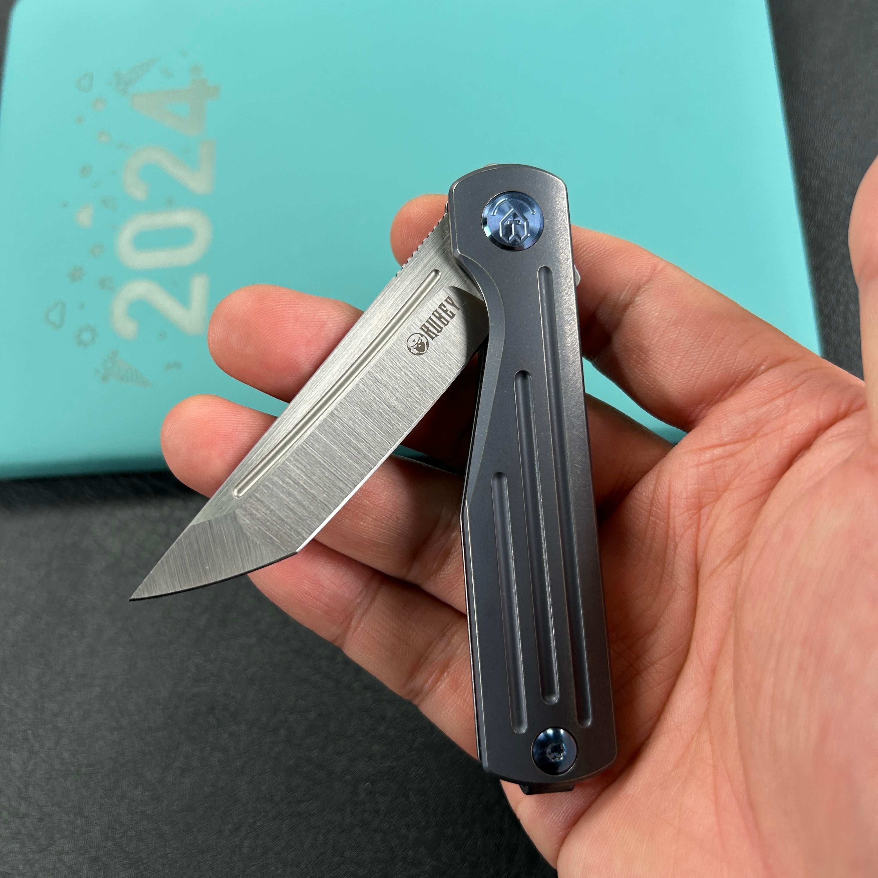 KUBEY KB244B Musō Flipper Everyday Carry Knife Blue Titanium Handle 2.95" Tanto Belt Satin M390 Blade