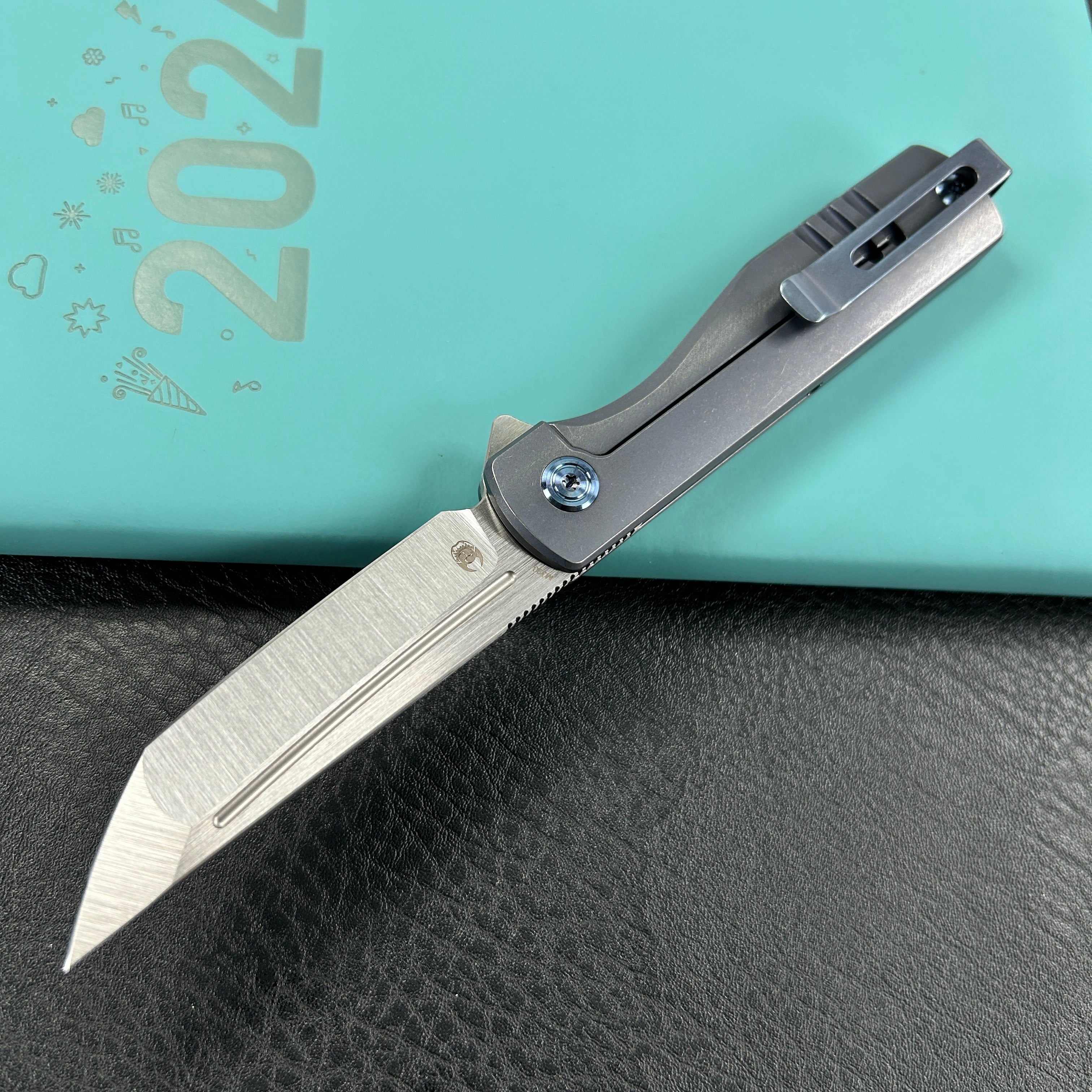 KUBEY KB244B Musō Flipper Everyday Carry Knife Blue Titanium Handle 2.95" Tanto Belt Satin M390 Blade