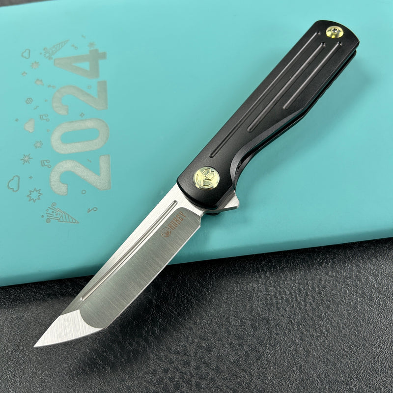 KUBEY KB244C Musō Flipper Everyday Carry Knife Black Titanium Handle 2.95" Tanto Belt Satin M390 Blade