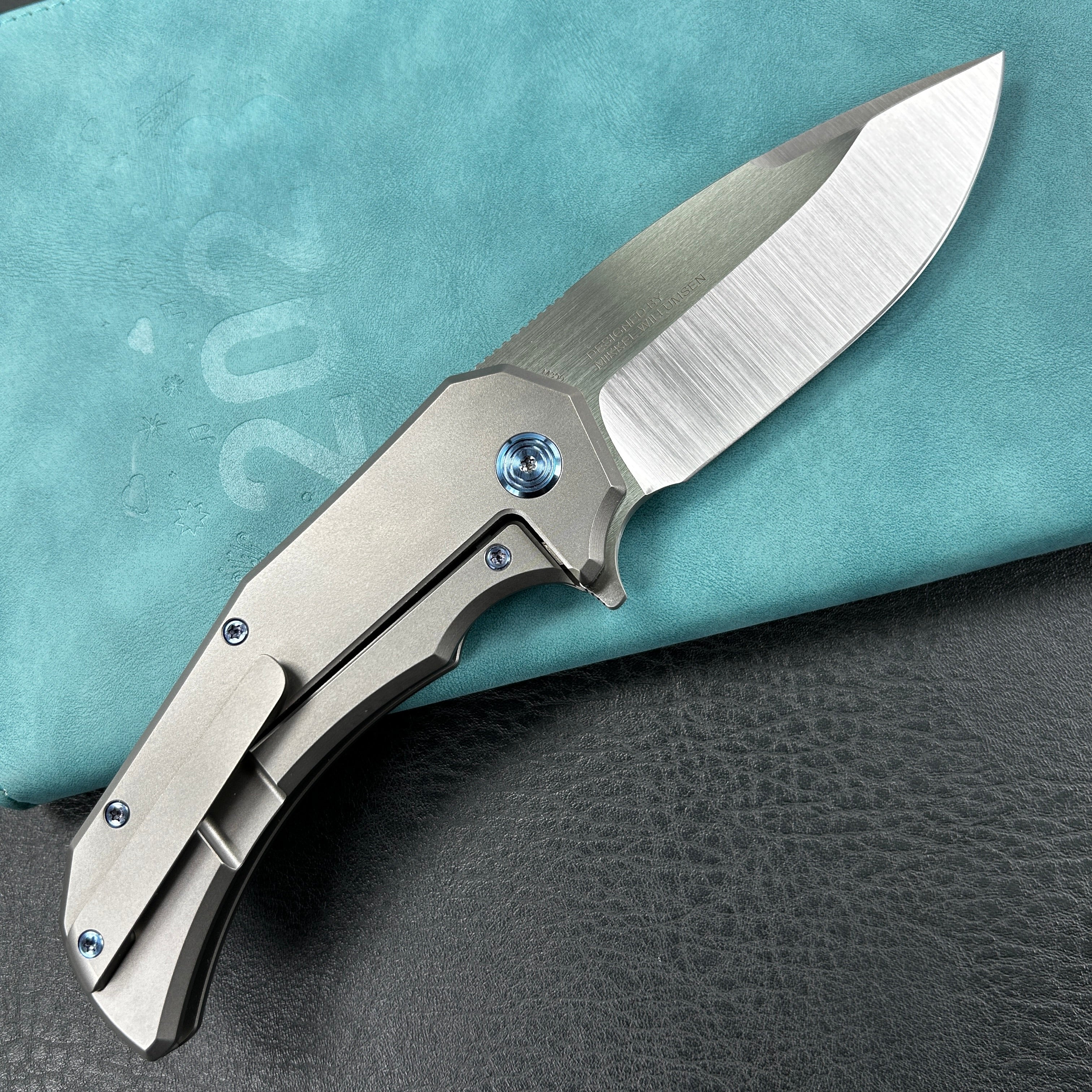 KUBEY KB367A Mikkel Willumsen Design Bravo one Drop Point Frame Lock Folding  Knife  6AL4V Titanium Handle  3.39" Hand Polished Satin M390