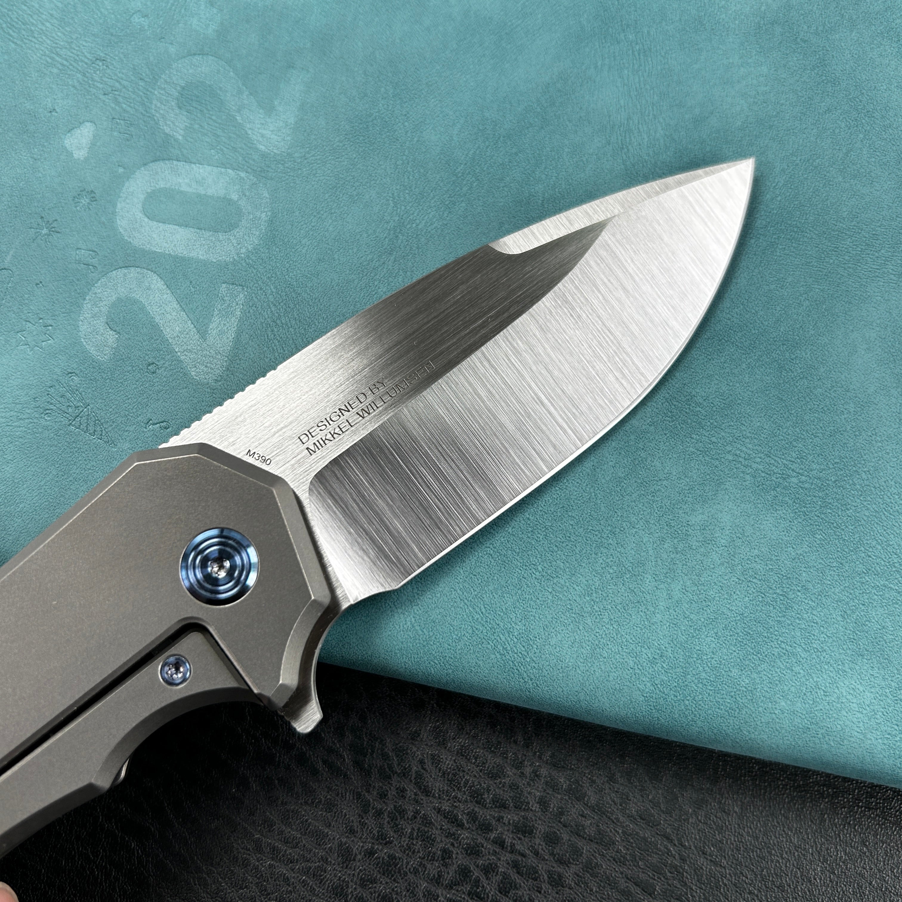 KUBEY KB367A Mikkel Willumsen Design Bravo one Drop Point Frame Lock Folding  Knife  6AL4V Titanium Handle  3.39" Hand Polished Satin M390