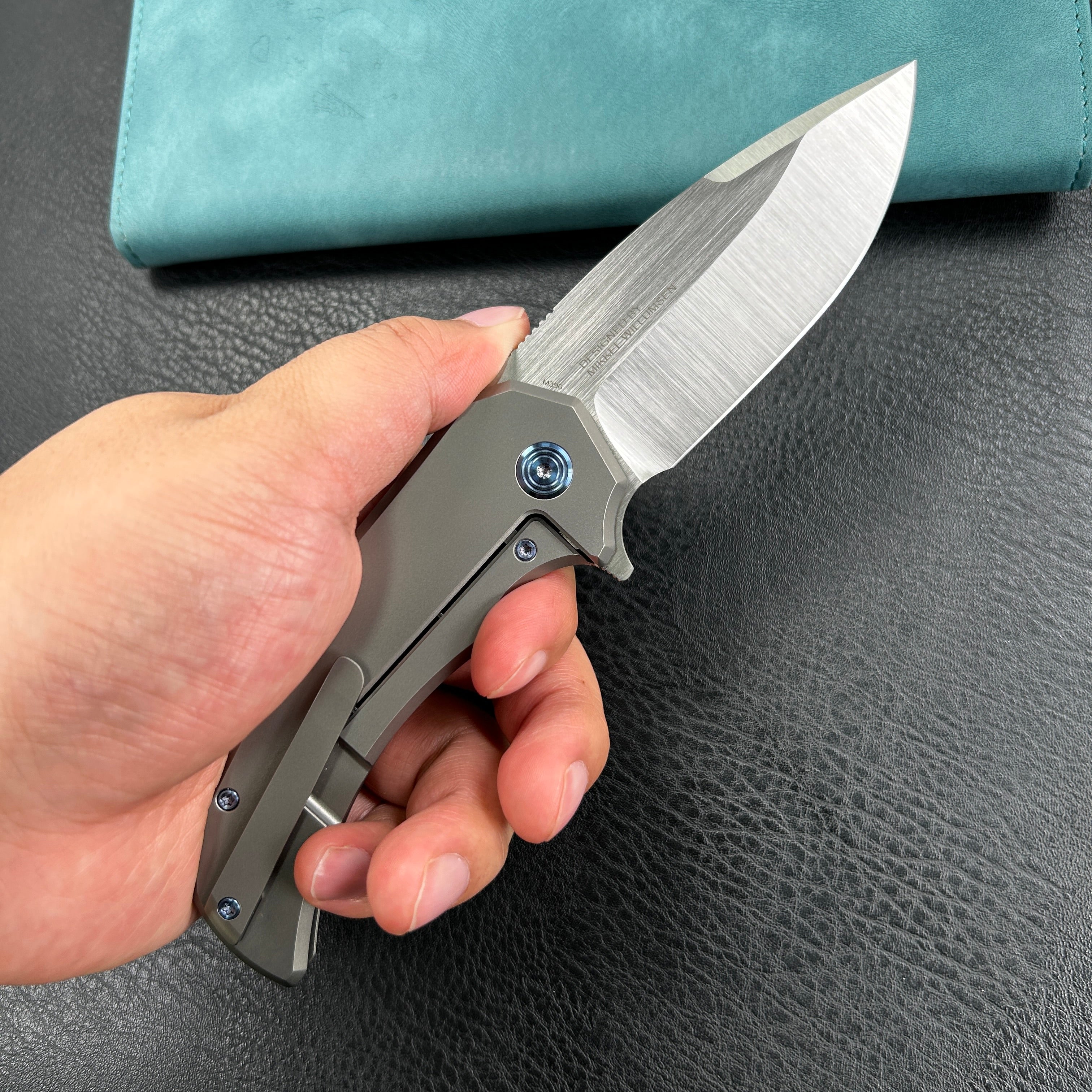 KUBEY KB367A Mikkel Willumsen Design Bravo one Drop Point Frame Lock Folding  Knife  6AL4V Titanium Handle  3.39" Hand Polished Satin M390