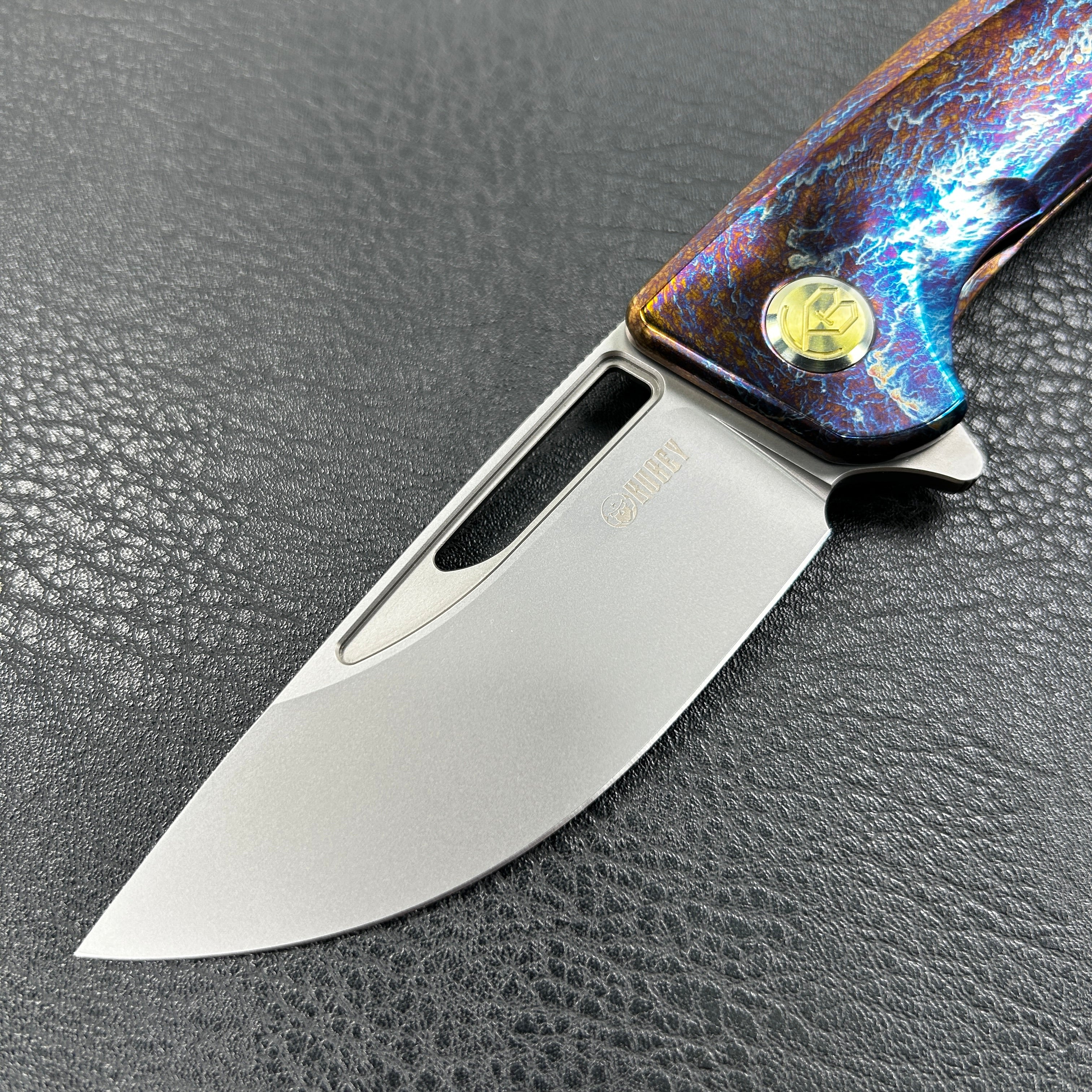 KUBEY KB368  Hyperion Frame Lock Tactical Knife  Custom Titanium Mayhem Finish Handle 3.5" Sandblast CPM-S35VN