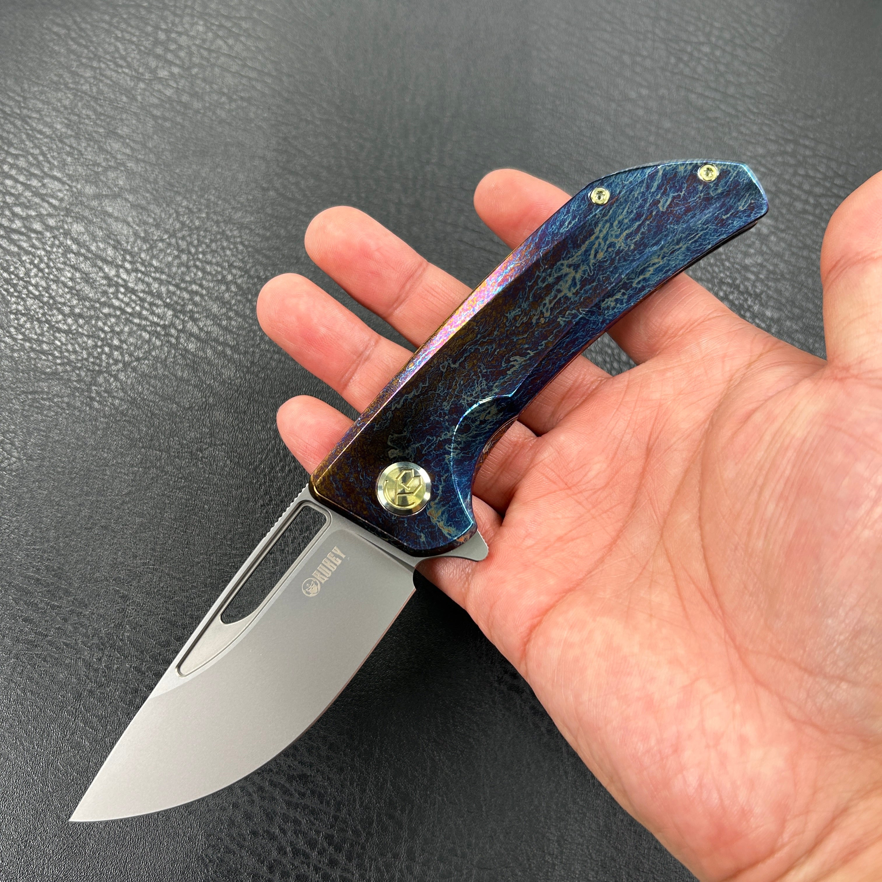 KUBEY KB368  Hyperion Frame Lock Tactical Knife  Custom Titanium Mayhem Finish Handle 3.5" Sandblast CPM-S35VN