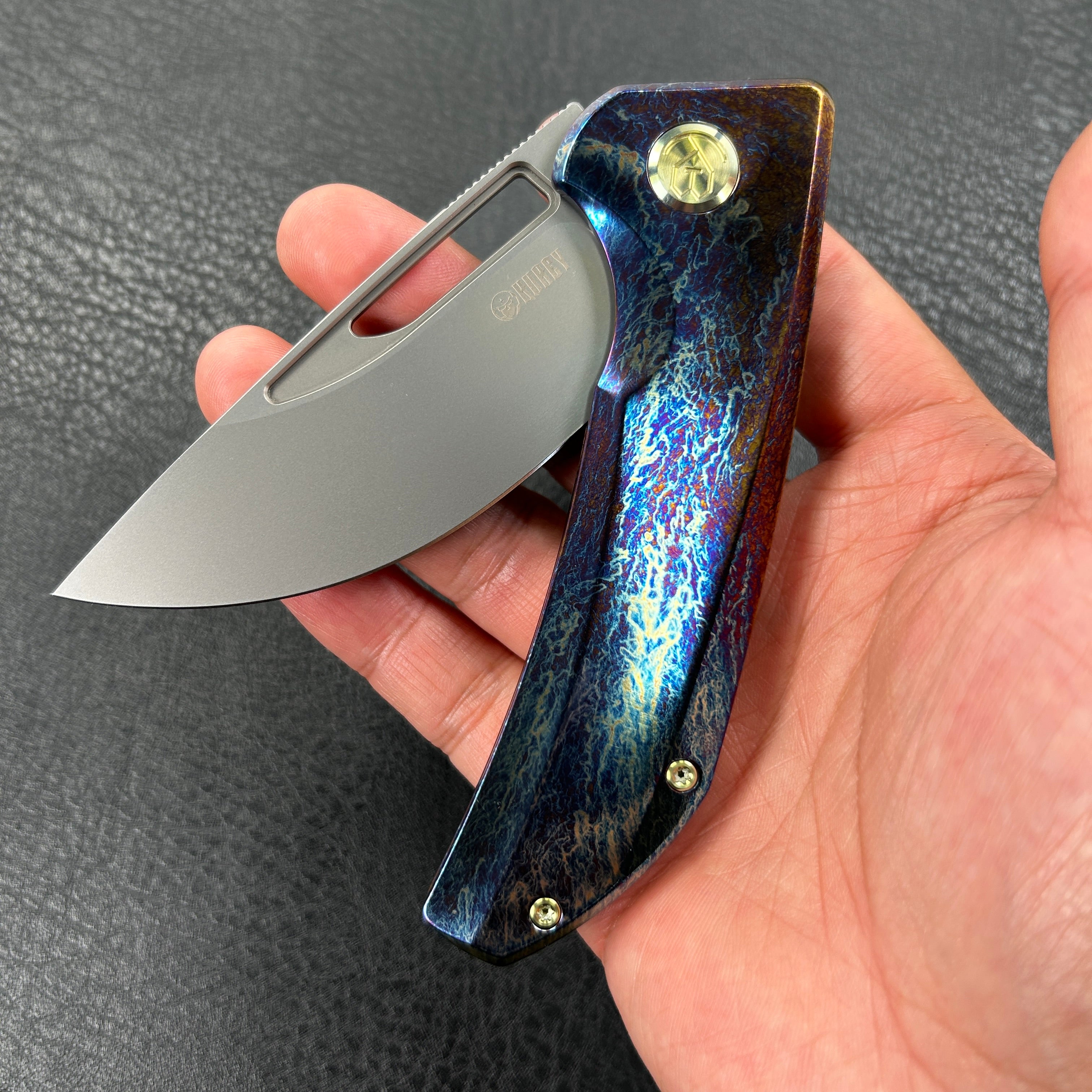 KUBEY KB368  Hyperion Frame Lock Tactical Knife  Custom Titanium Mayhem Finish Handle 3.5" Sandblast CPM-S35VN