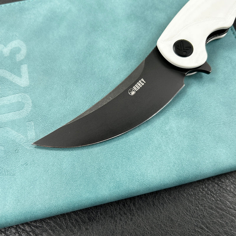 KUBEY KU173D Scimitar Liner Lock Folding Knife White G10 Handle 3.46" Blackwash AUS-10