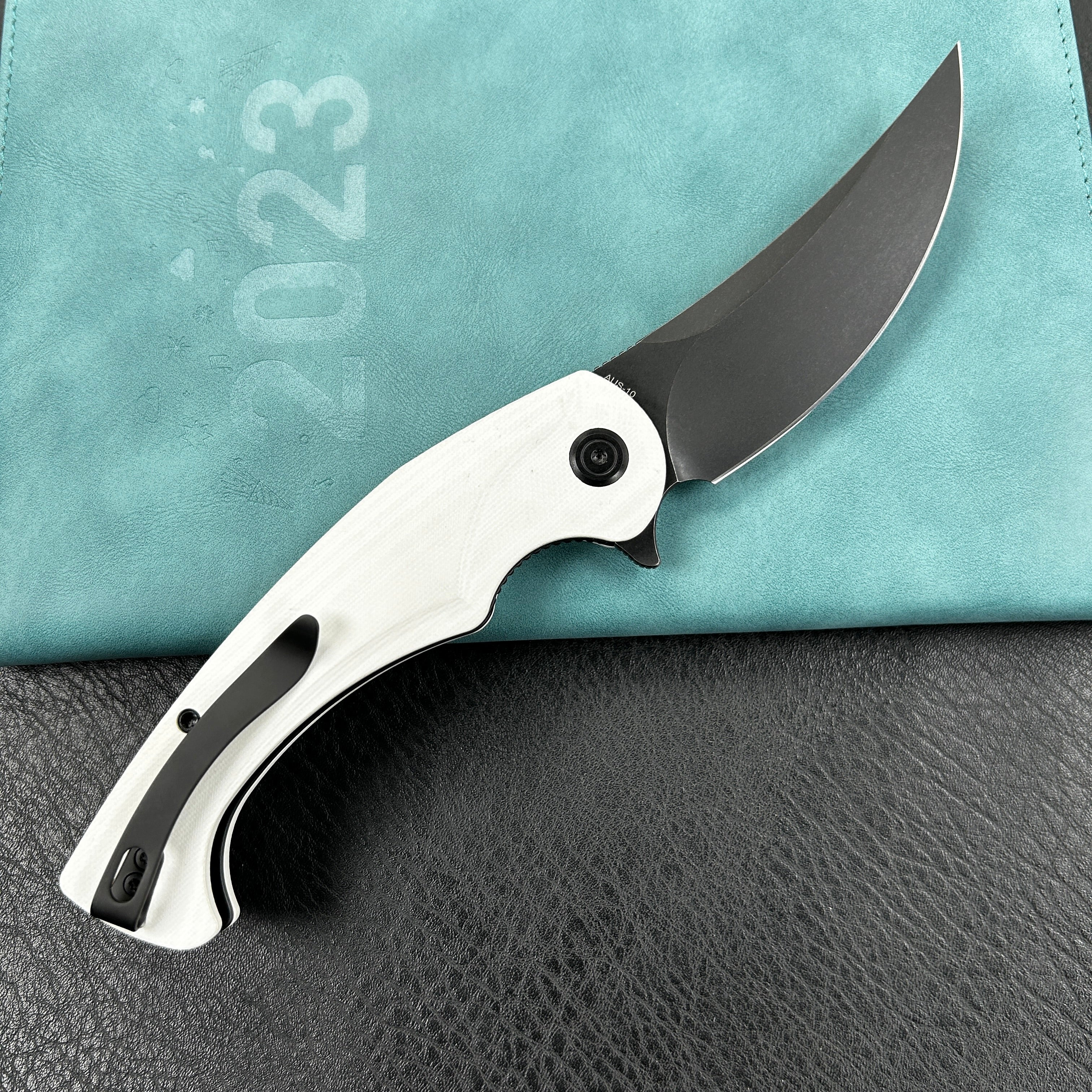 KUBEY KU173D Scimitar Liner Lock Folding Knife White G10 Handle 3.46" Blackwash AUS-10