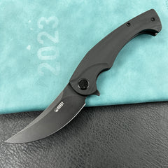 KUBEY KU173F Scimitar Liner Lock Folding Knife Black G10 Handle 3.46" Blackwash AUS-10