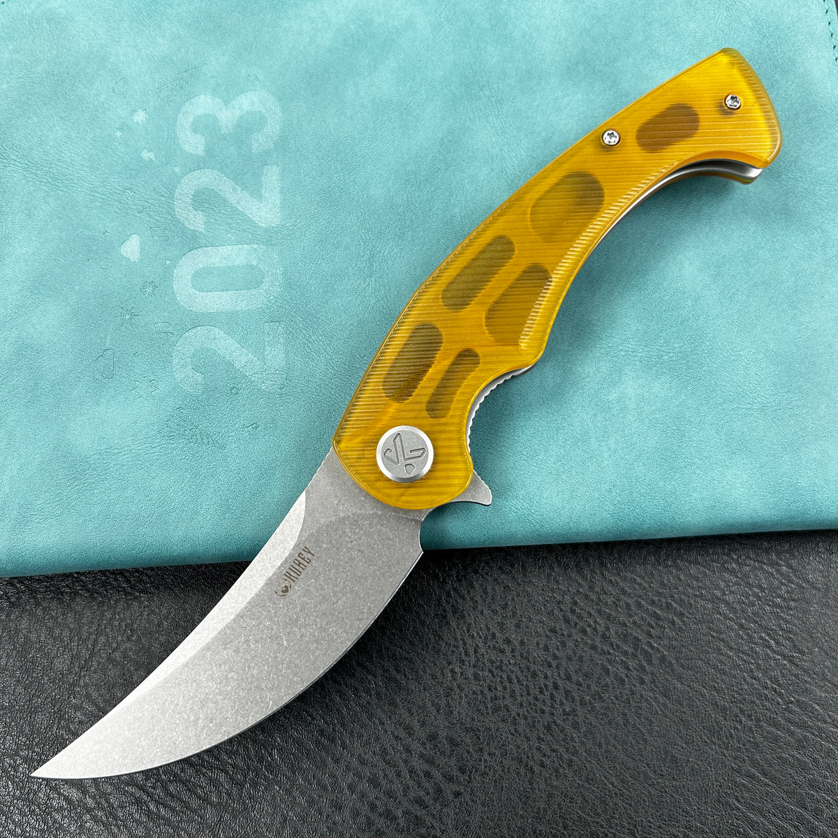 KUBEY KU173A Scimitar Liner Lock Folding Knife Ultem Handle 3.46" Blasted Stonewashed AUS-10