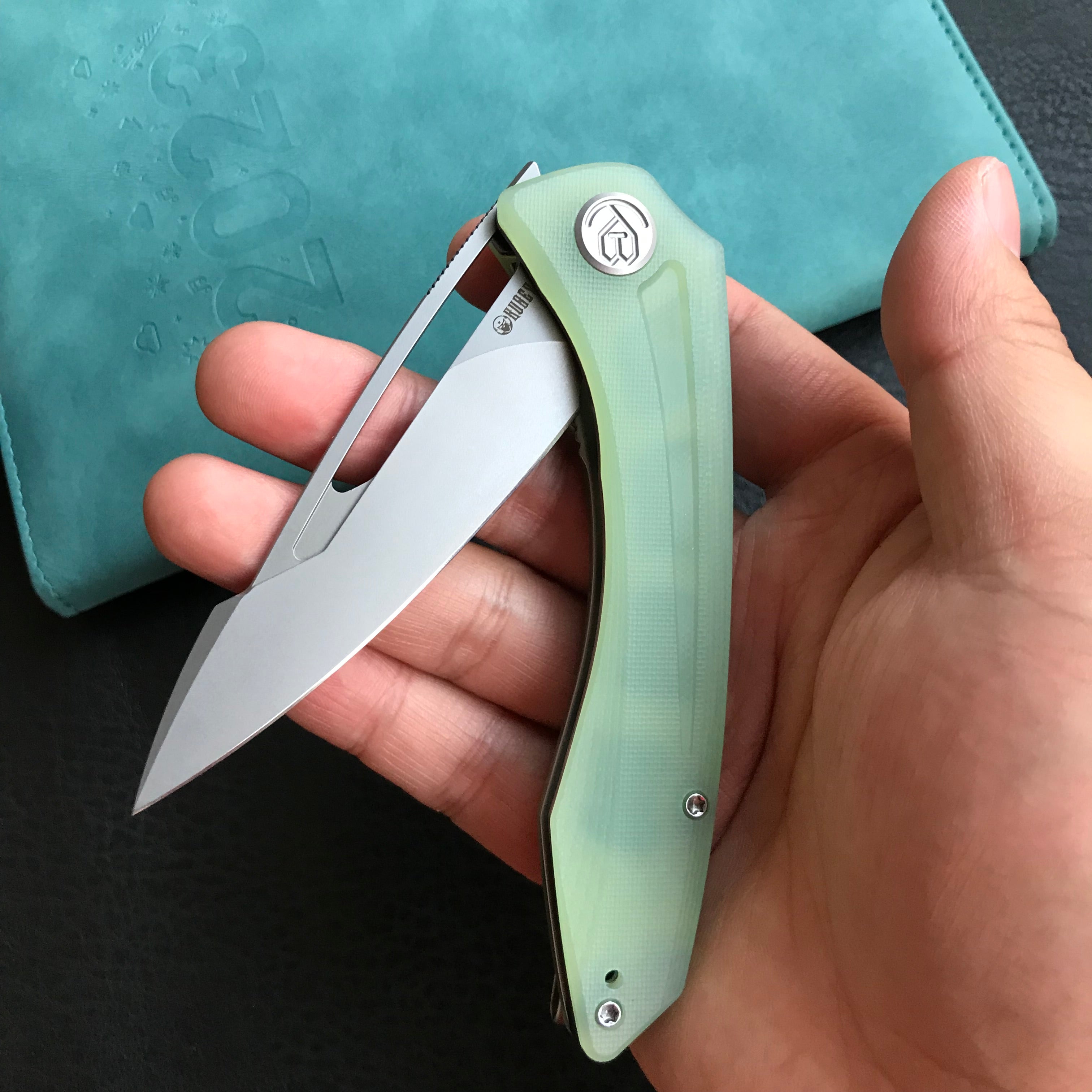 KUBEY  KU345D Merced Folding Knife 3.46" Beadblasted AUS-10 Blade With Durable Jade G10 Handle Reliable Tactical Pocket Knife