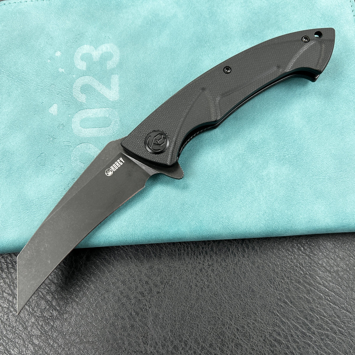 KUBEY KU212D Anteater Liner Lock Folding Knife Black G10 Handle 3.5" Blackwash 14C28N