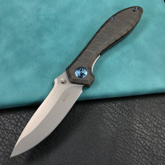 KUBEY  KB314P Ruckus Liner Lock Folding Knife Flame Ti Handle 3.31" Bead Blasted CPM 20CV