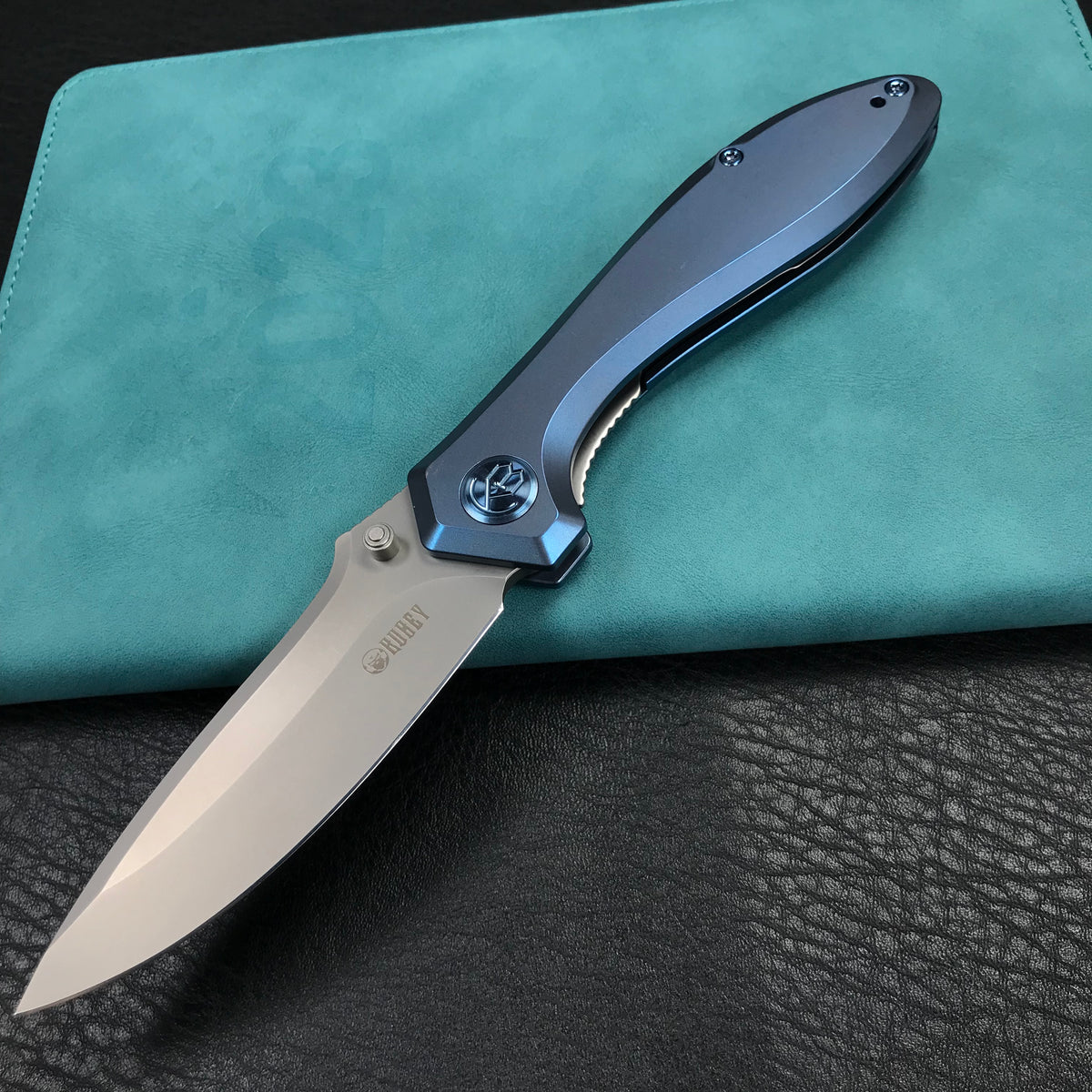 KUBEY KB314R Ruckus Liner Lock Folding Knife Blue Ti Handle 3.31" Bead Blasted CPM 20CV