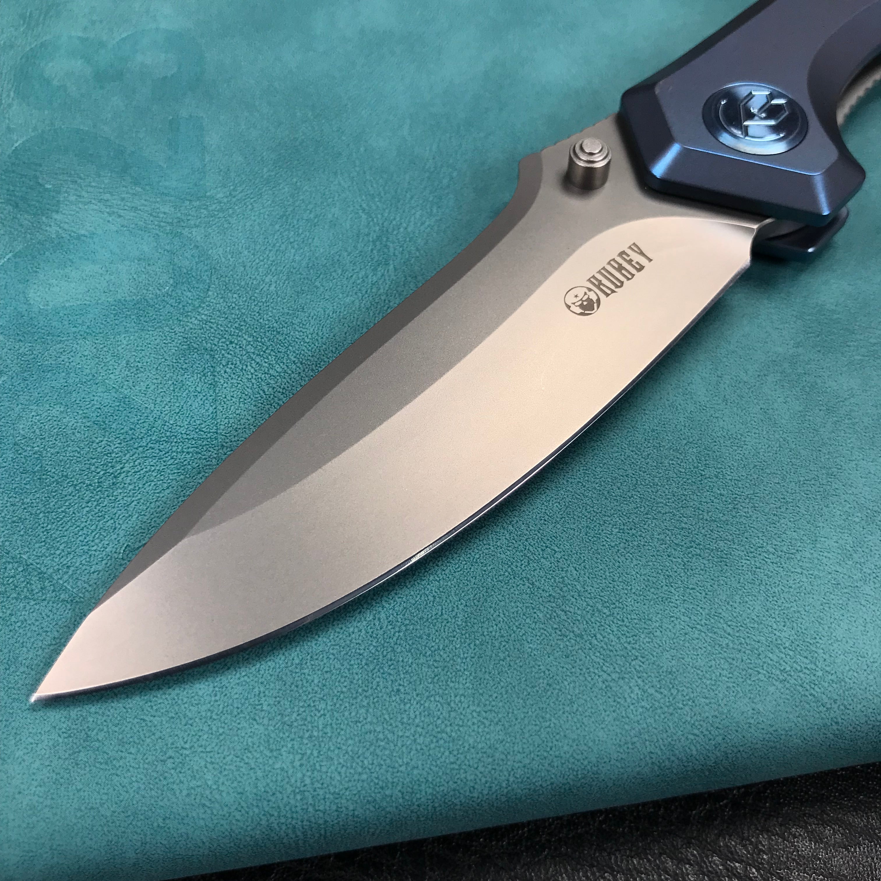 KUBEY KB314R Ruckus Liner Lock Folding Knife Blue Ti Handle 3.31" Bead Blasted CPM 20CV