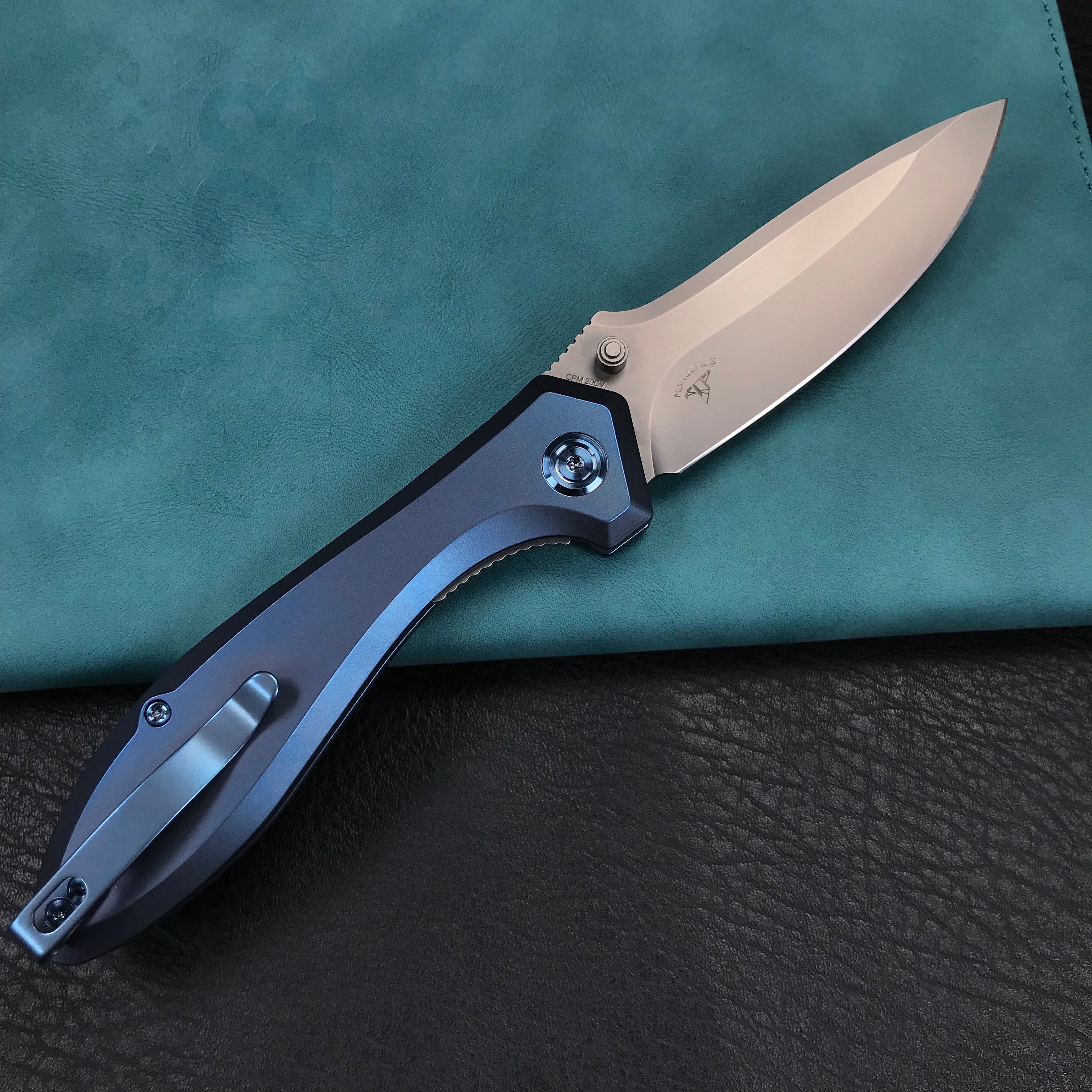 KUBEY KB314R Ruckus Liner Lock Folding Knife Blue Ti Handle 3.31" Bead Blasted CPM 20CV