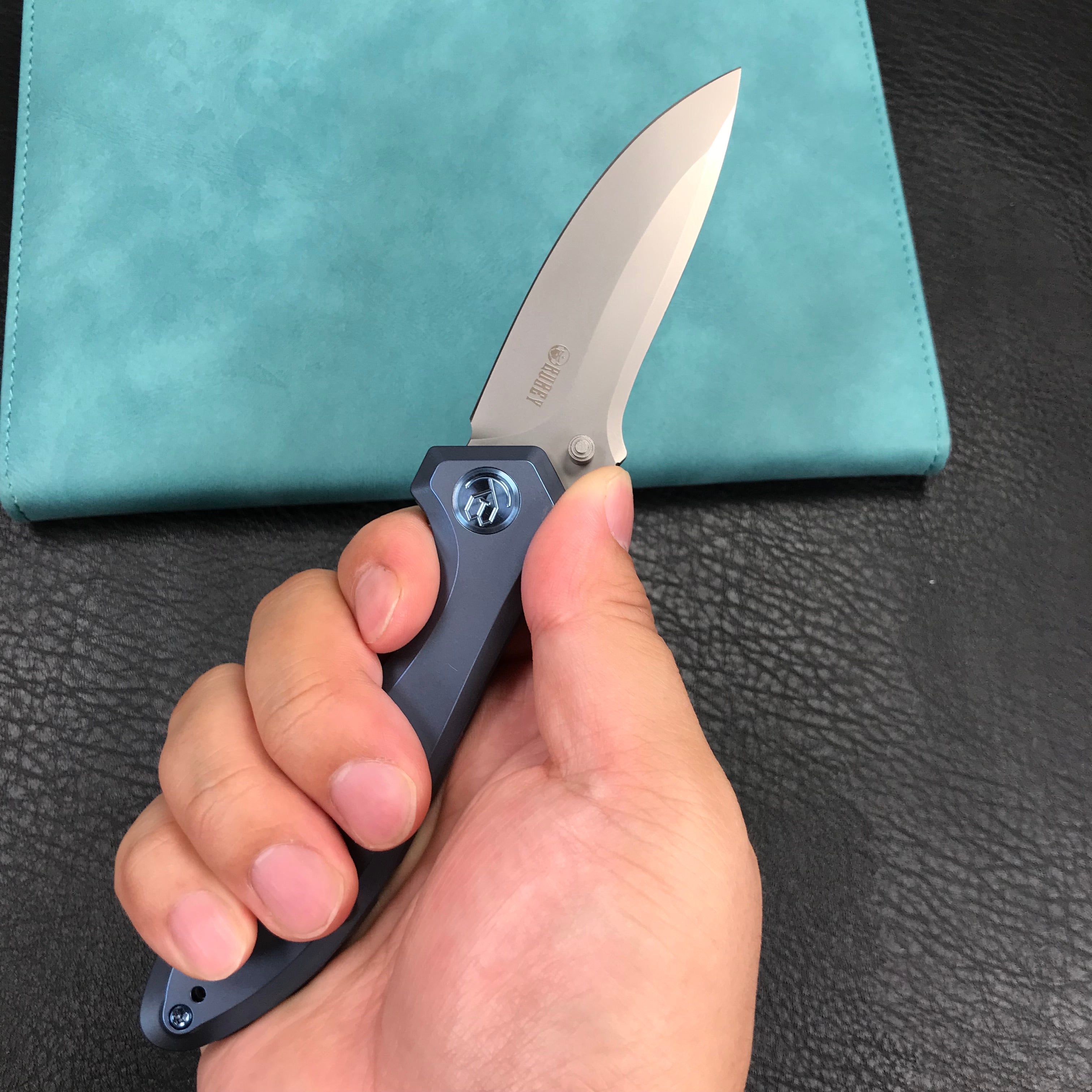 KUBEY KB314R Ruckus Liner Lock Folding Knife Blue Ti Handle 3.31" Bead Blasted CPM 20CV