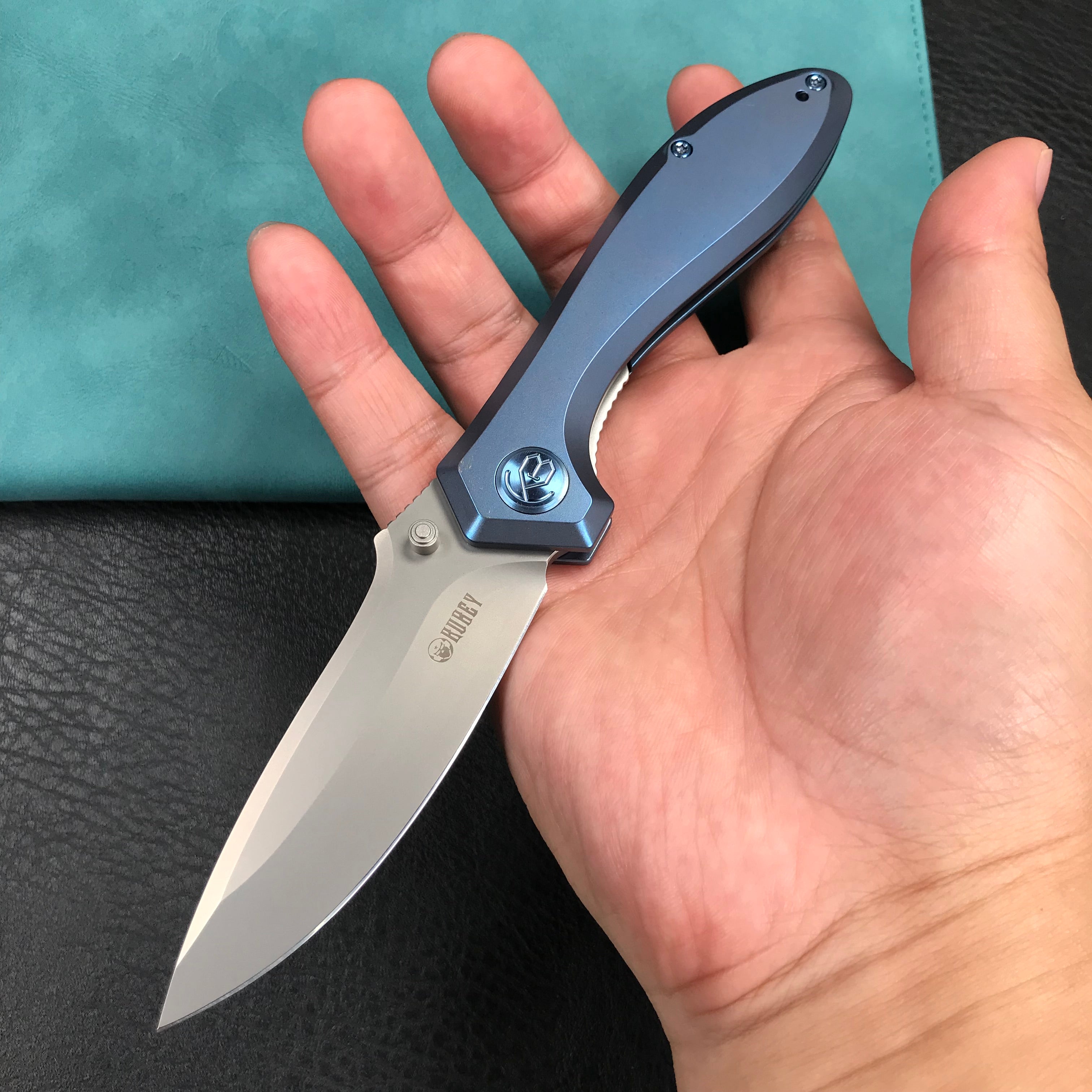 KUBEY KB314R Ruckus Liner Lock Folding Knife Blue Ti Handle 3.31" Bead Blasted CPM 20CV