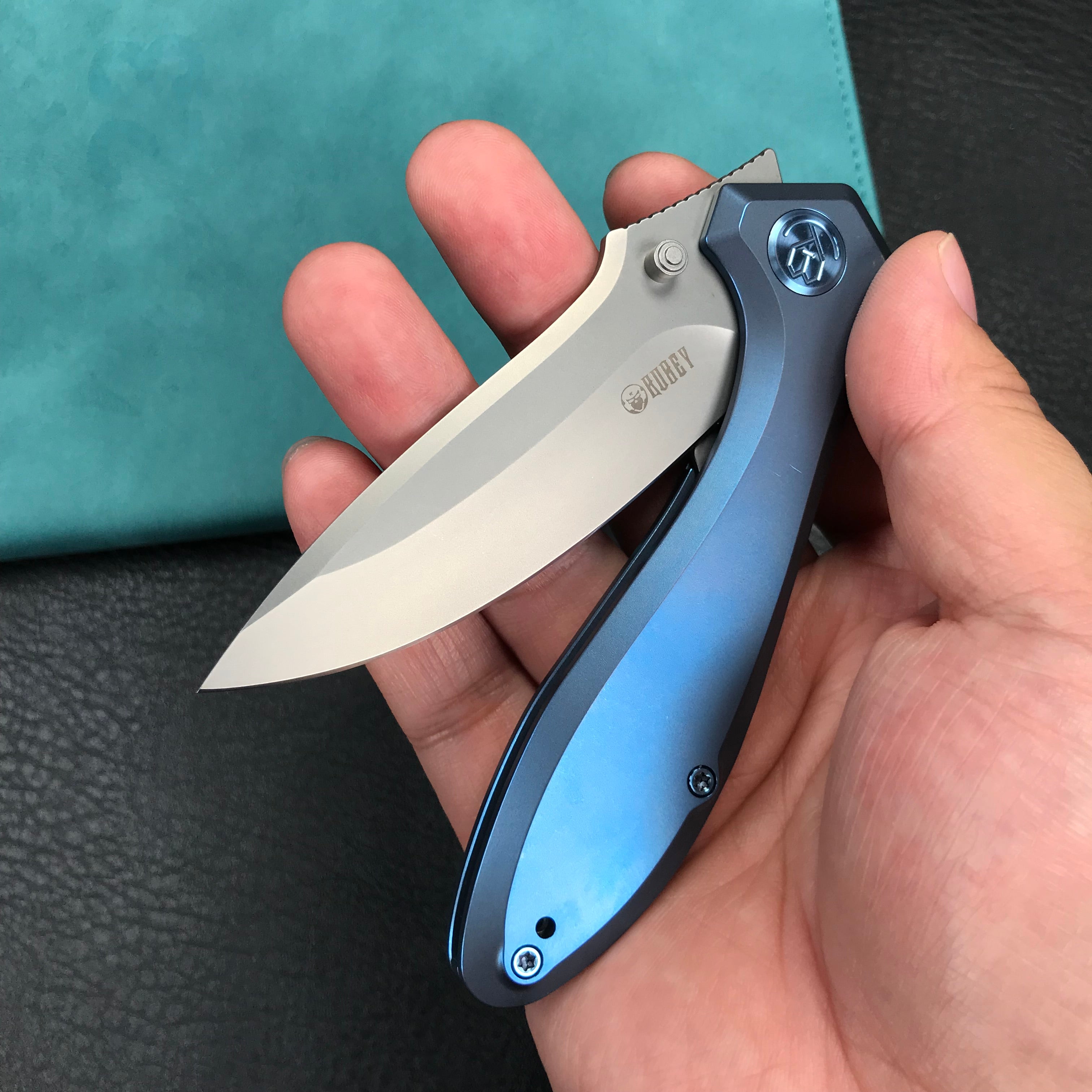 KUBEY KB314R Ruckus Liner Lock Folding Knife Blue Ti Handle 3.31" Bead Blasted CPM 20CV