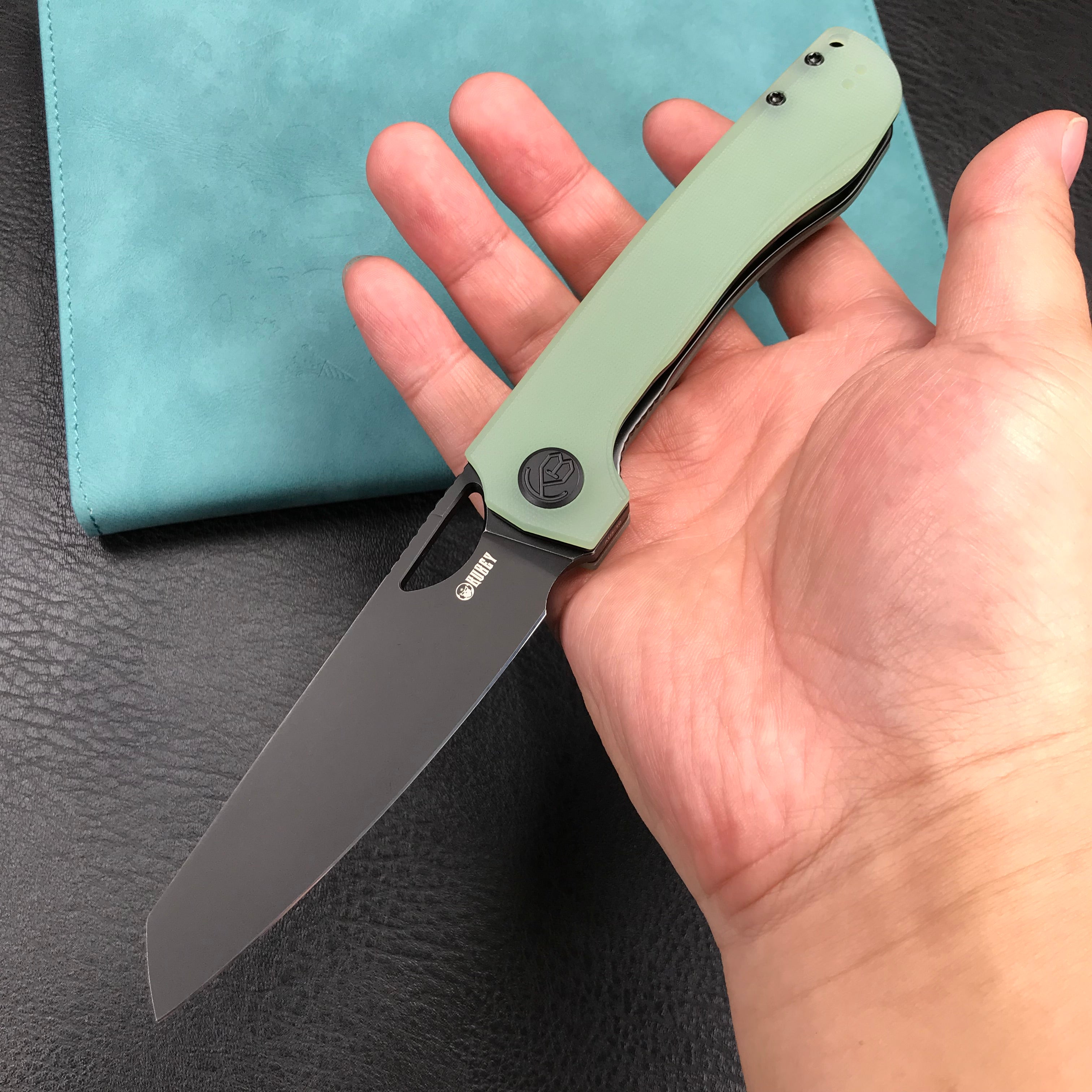 KUBEY KU365D Elang Liner Lock Folding Knife Jade G10 Handle 3.94" Blackwashed Sheepsfoot AUS-10